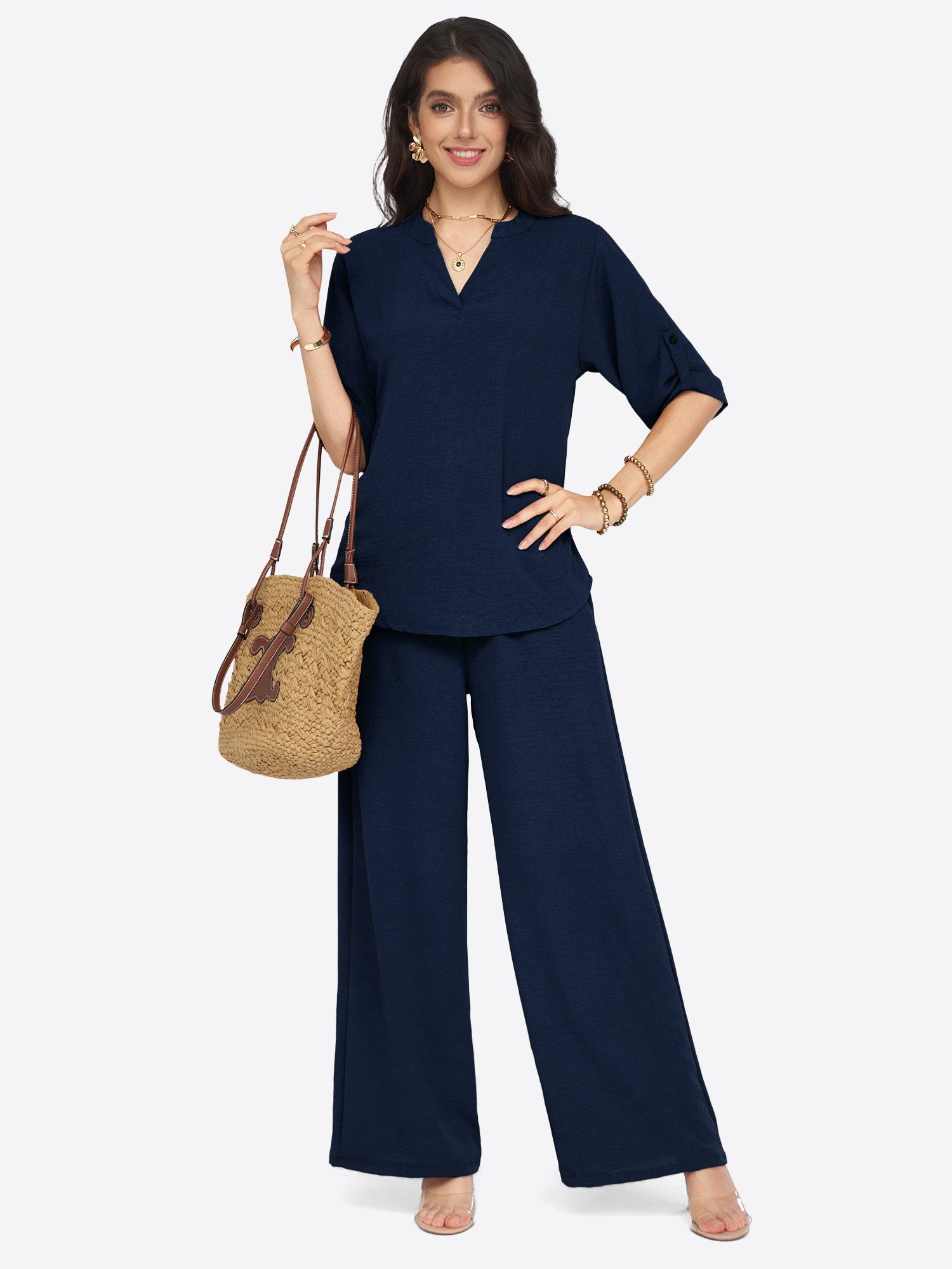 Imily Bela Hausanzug Damen 2-teiliges Freizeit-Set mit Roll-up-Ärmeln und Palazzohose (Set, 2 tlg., Bluse + Palazzohose) in Unifarbe
