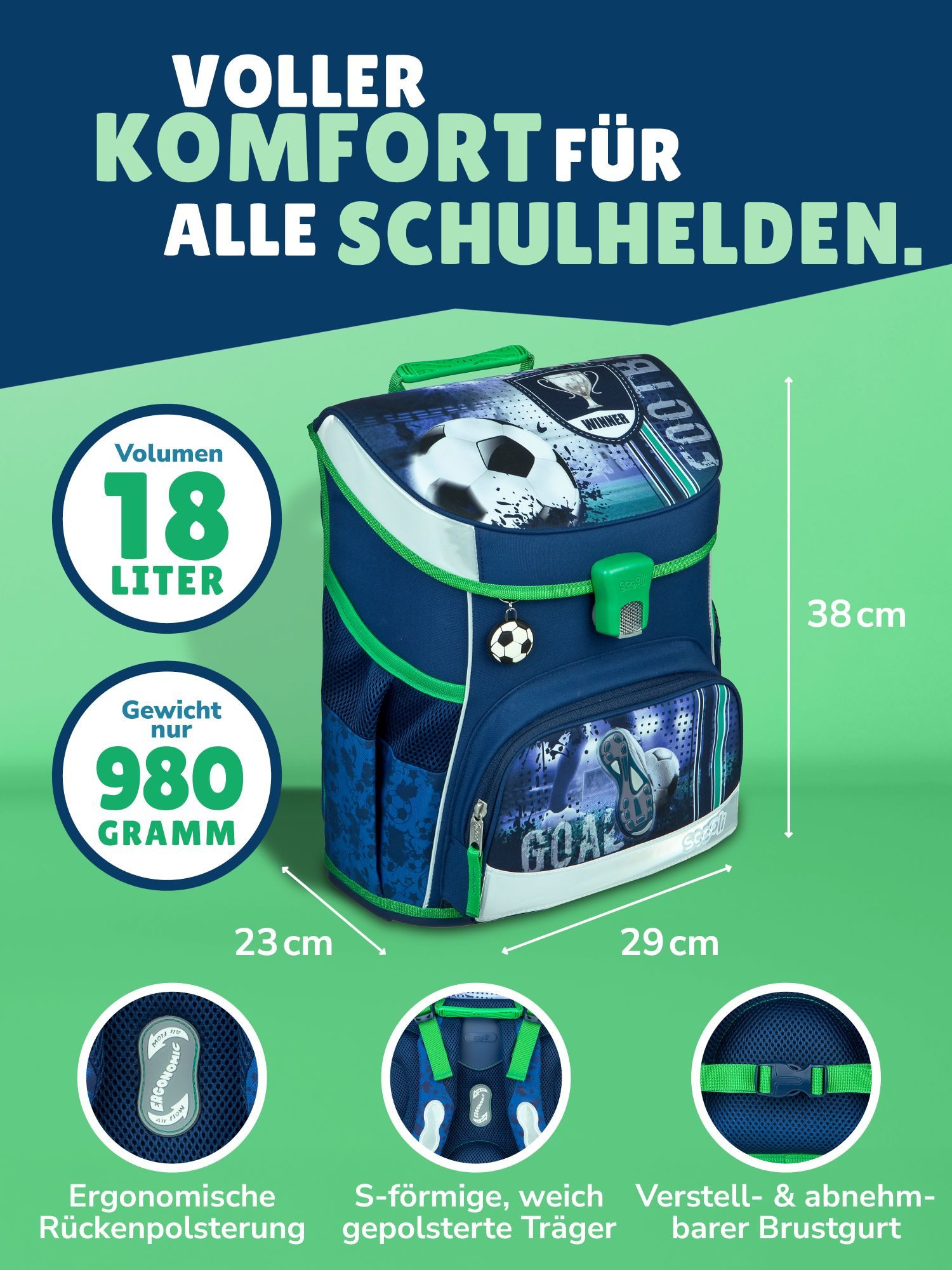 Scooli Schulranzen Campus Fit Fussball Schultasche, Soccer blau, ab 1. Klasse (Erweitertes Set, 9-tlg., mit Lunch-Set und Sporttasche), mit Brustgurt, 980 Gramm – Bild 4 von 5