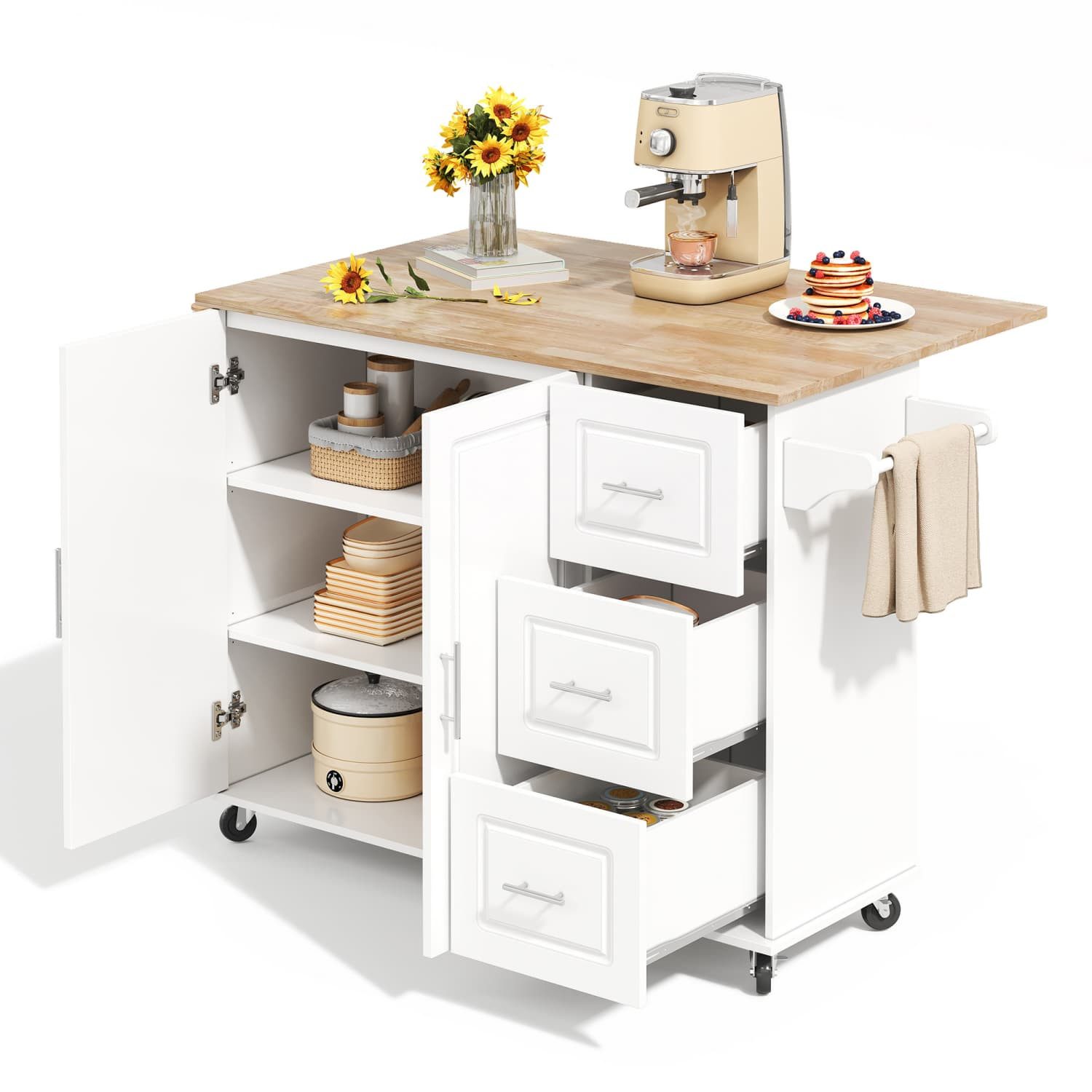 autolock Küchenwagen Großer mobiler Küchentisch,Arbeitsplatte aus Eichenholz,137*43*92cm, klappbares Design,multifunktional Schrank,3 Schubladen,Handtuchhalter