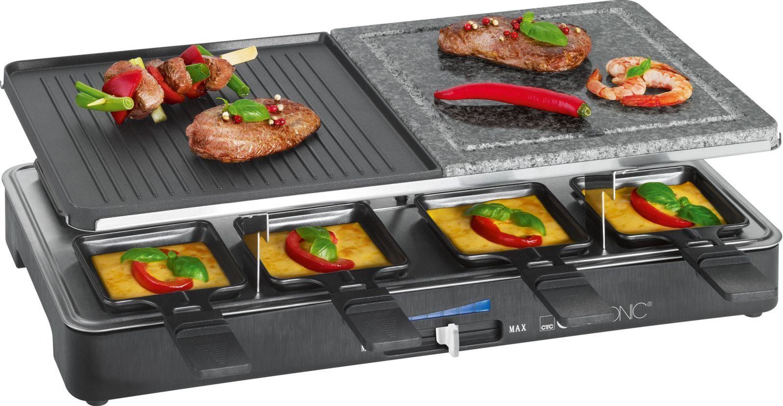 CLATRONIC Raclette CLATRONIC Raclette Grill 8 Personen Heißer Stein Raclettegrill 1400, 8 Raclettepfännchen, 1200,00 W, 8 Pfännchen, 8 Holzspatel, Wendegussplatte, heißer Stein, Thermostat