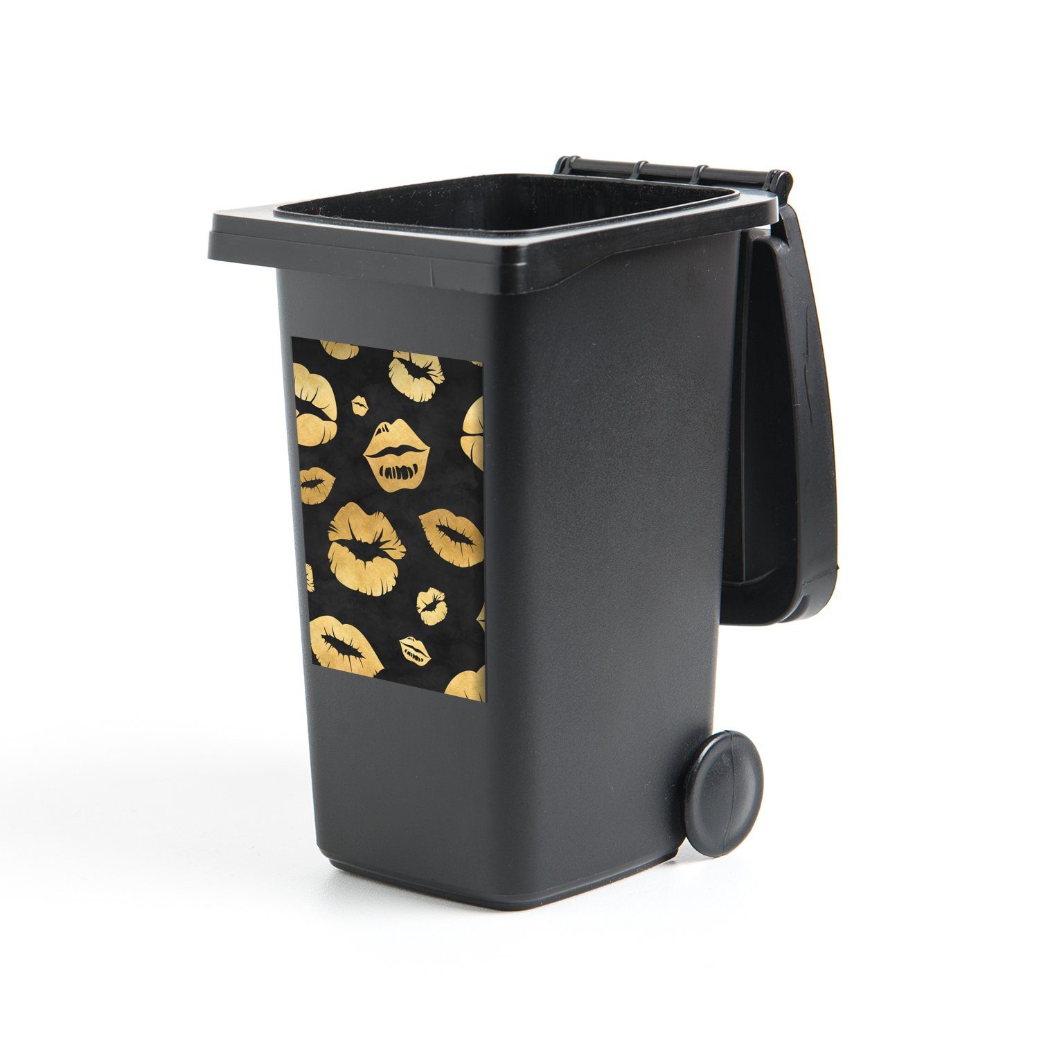 MuchoWow Wandsticker Muster - Kuss - Gold - Schwarz (1 St), Mülleimer-aufkleber, Mülltonne, Sticker, Container, Abfalbehälter