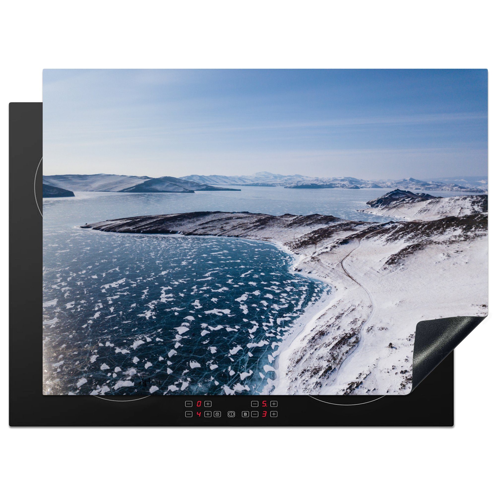 MuchoWow Herdblende-/Abdeckplatte Schnee - Baikalsee - Eis, Vinyl, (1 tlg), 70x52 cm, Mobile Arbeitsfläche nutzbar, Ceranfeldabdeckung