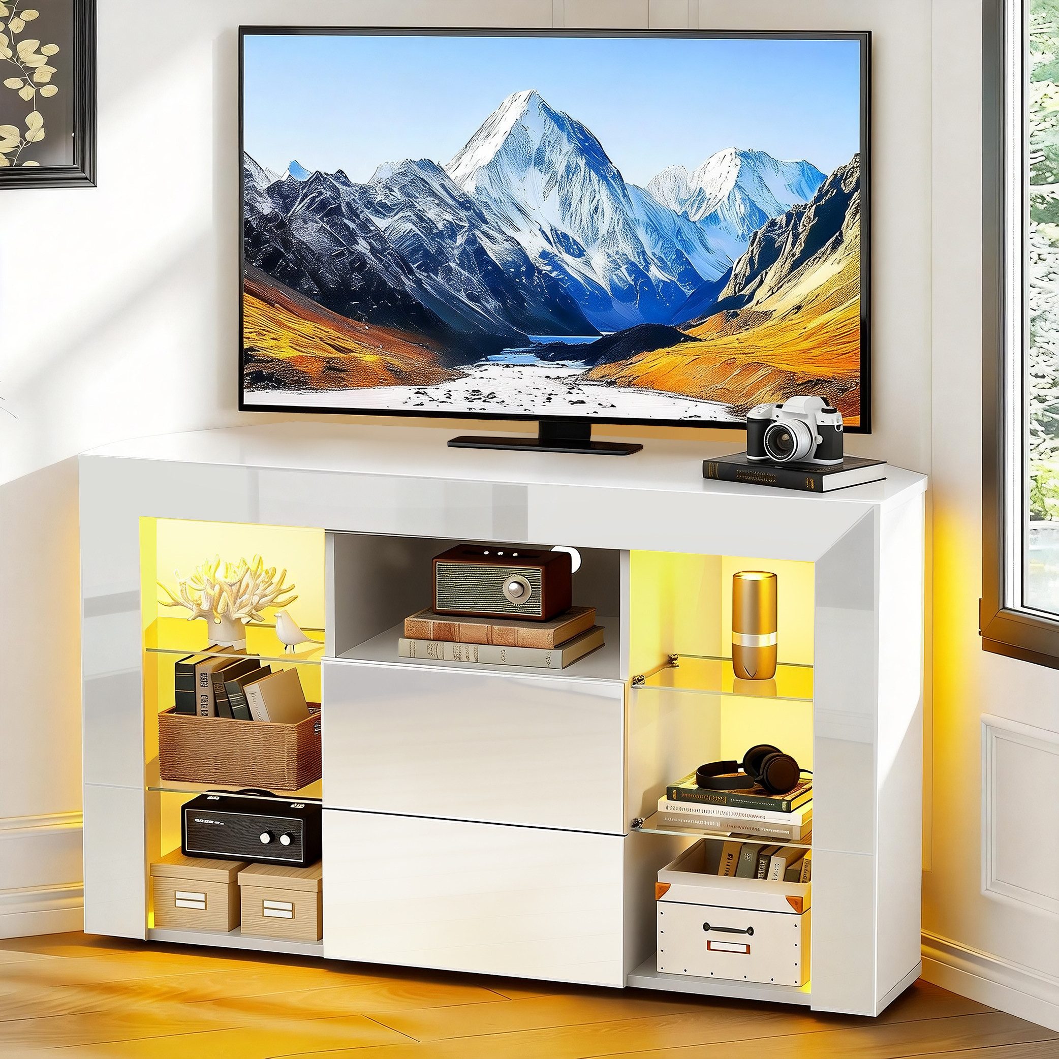 oyajia Lowboard TV Eckschrank Fernsehtisch Hochglanz mit LED-Beleuchtung 100x40x68 cm (mit 16 Led Farben Beleuchtung), TV-Schrank mit 2 Schränken & offenen Regalen