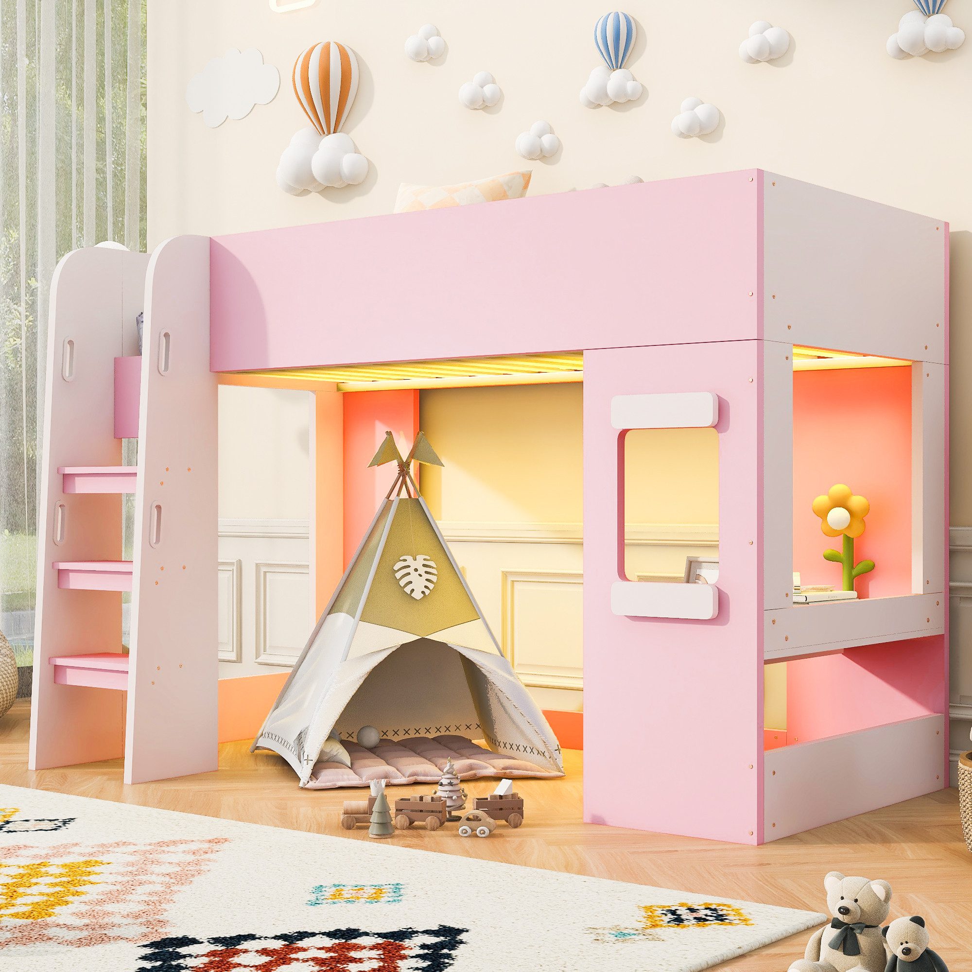 Merax Hochbett 90x200cm mit LED-Beleuchtung (Jugendbett Einzelbett, 1-St) Holz Kinderbett mit Schreibtisch,Sicherheitsleiter, hohem Schutzgitter