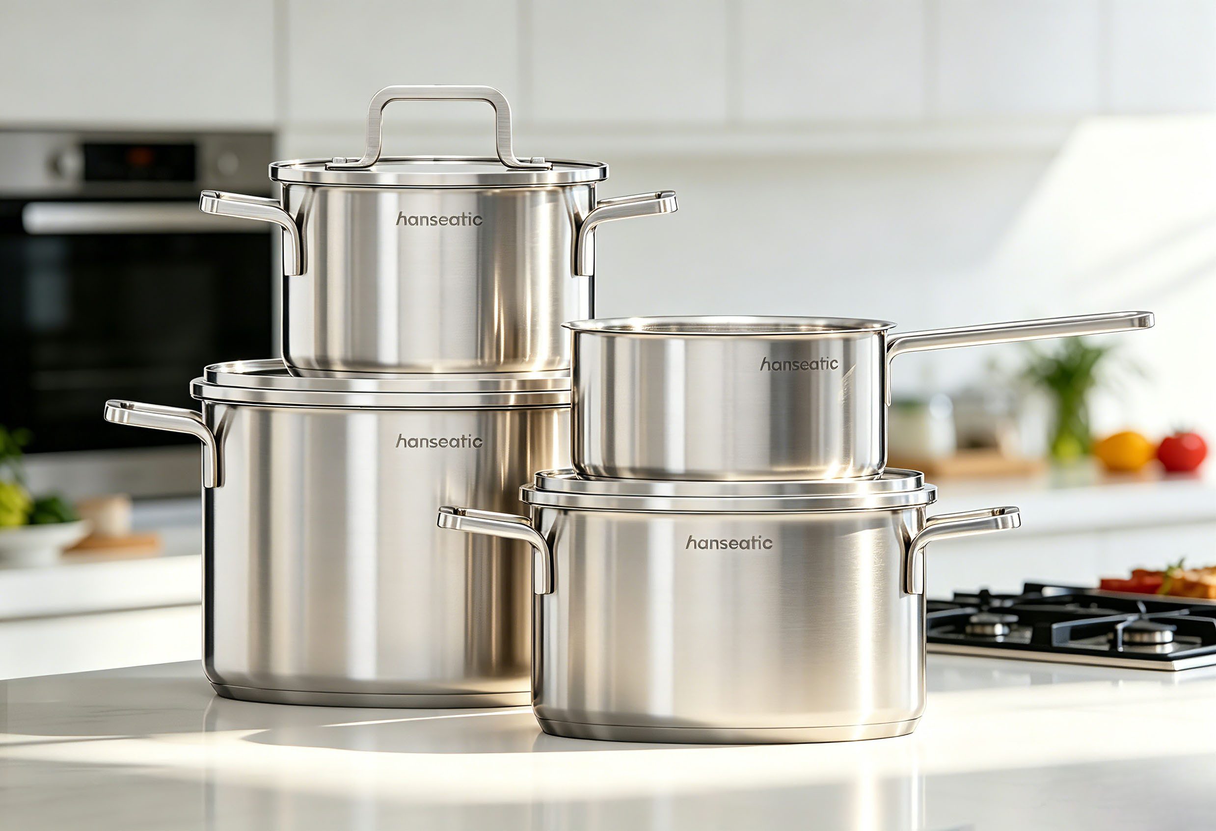Hanseatic Topf-Set DAILY, Edelstahl 18/10 (Set, 7-tlg., Stielkasserolle 16 cm, Kochtopf 16/20/24 cm), handfreundliche Griffe, Literskala, Glasdeckel, Induktion