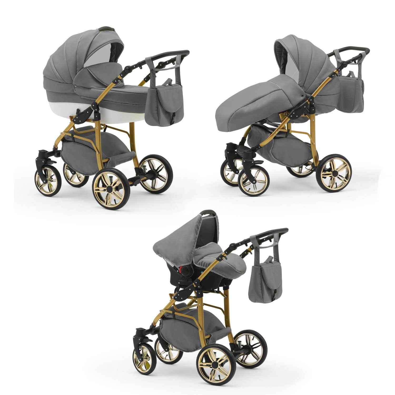 babies-on-wheels Kombi-Kinderwagen 3 in 1 Kinderwagen-Set Cosmo Gold- 16 Teile - in 46 Farben Weiß-Grau