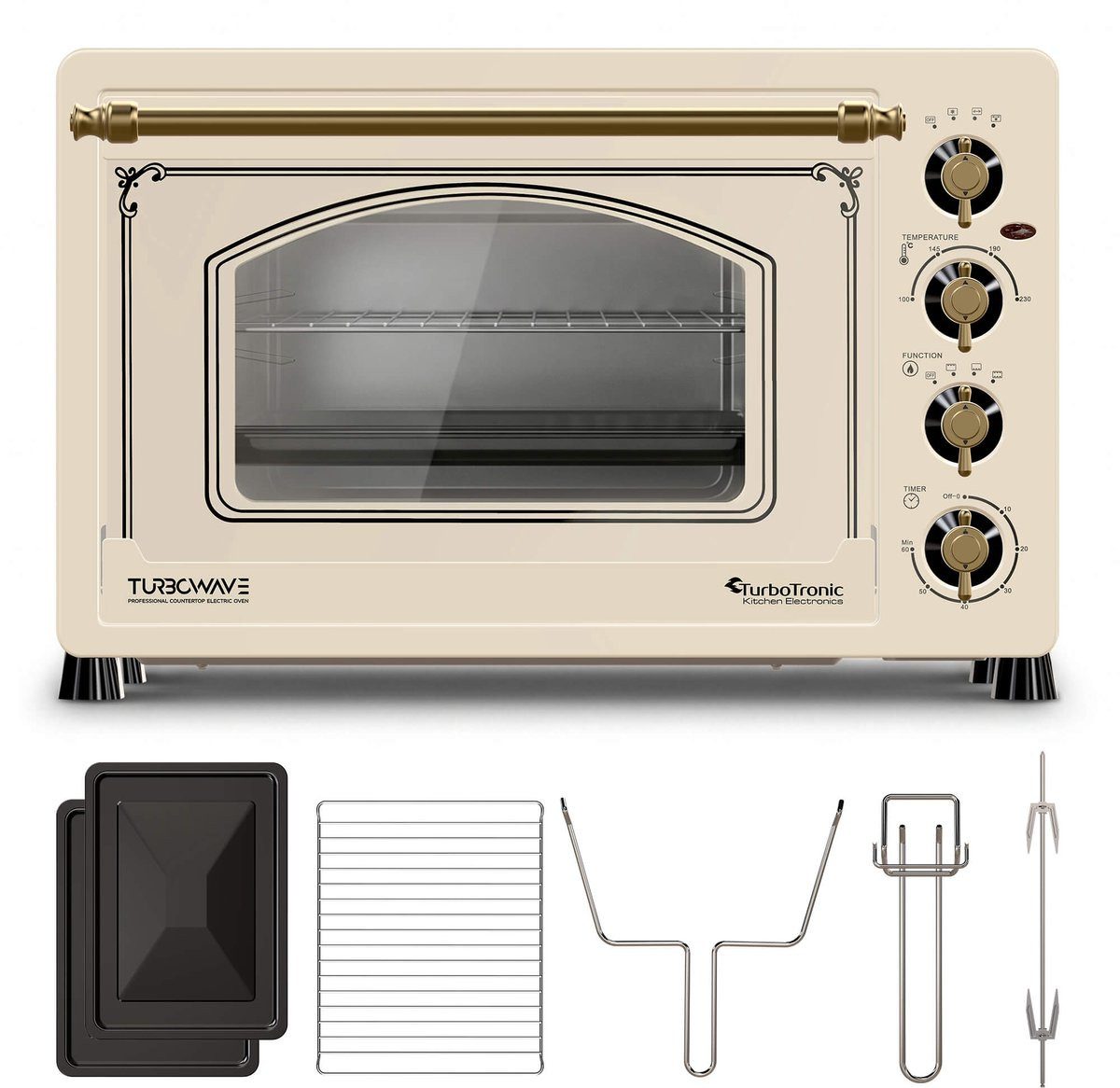 TurboTronic by Z-Line Minibackofen 2000 W 45 l Mini Backofen Retro mit Umluft Drehspieß Grill Pizzaofen, Tischbackofen, kleiner Backofen, Mini Ofen, freistehend, Retro Design