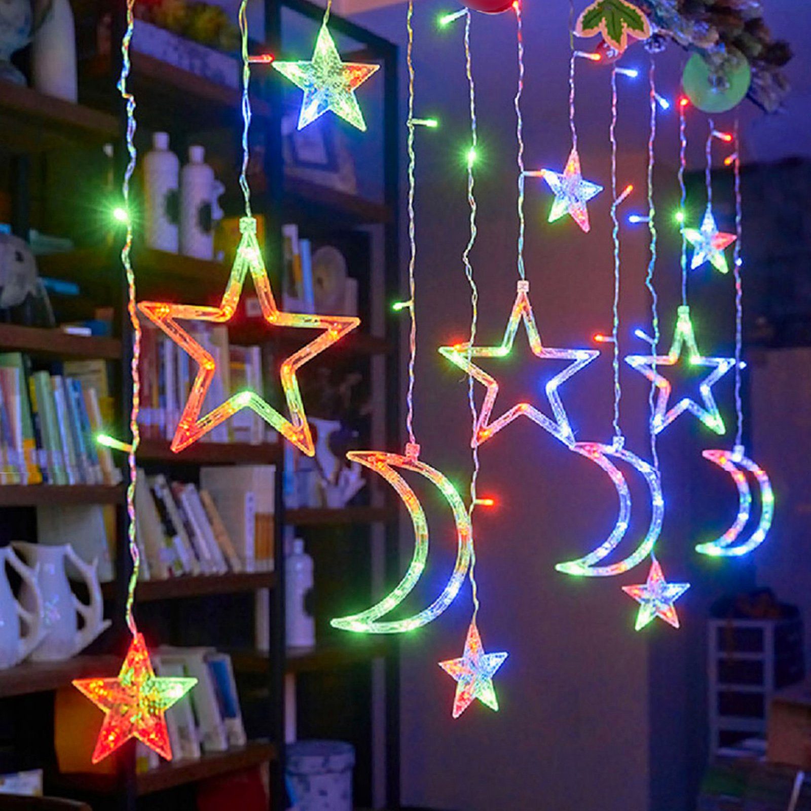 MUPOO Lichterkette LED Lichterketten,3M Stern Mond Lichtervorhang LED Vorhang Licht, 8 modi,IP44,120LEDs,für Weihnachten Party Wohnzimmer Deko Innen Außen Mehrfarbig