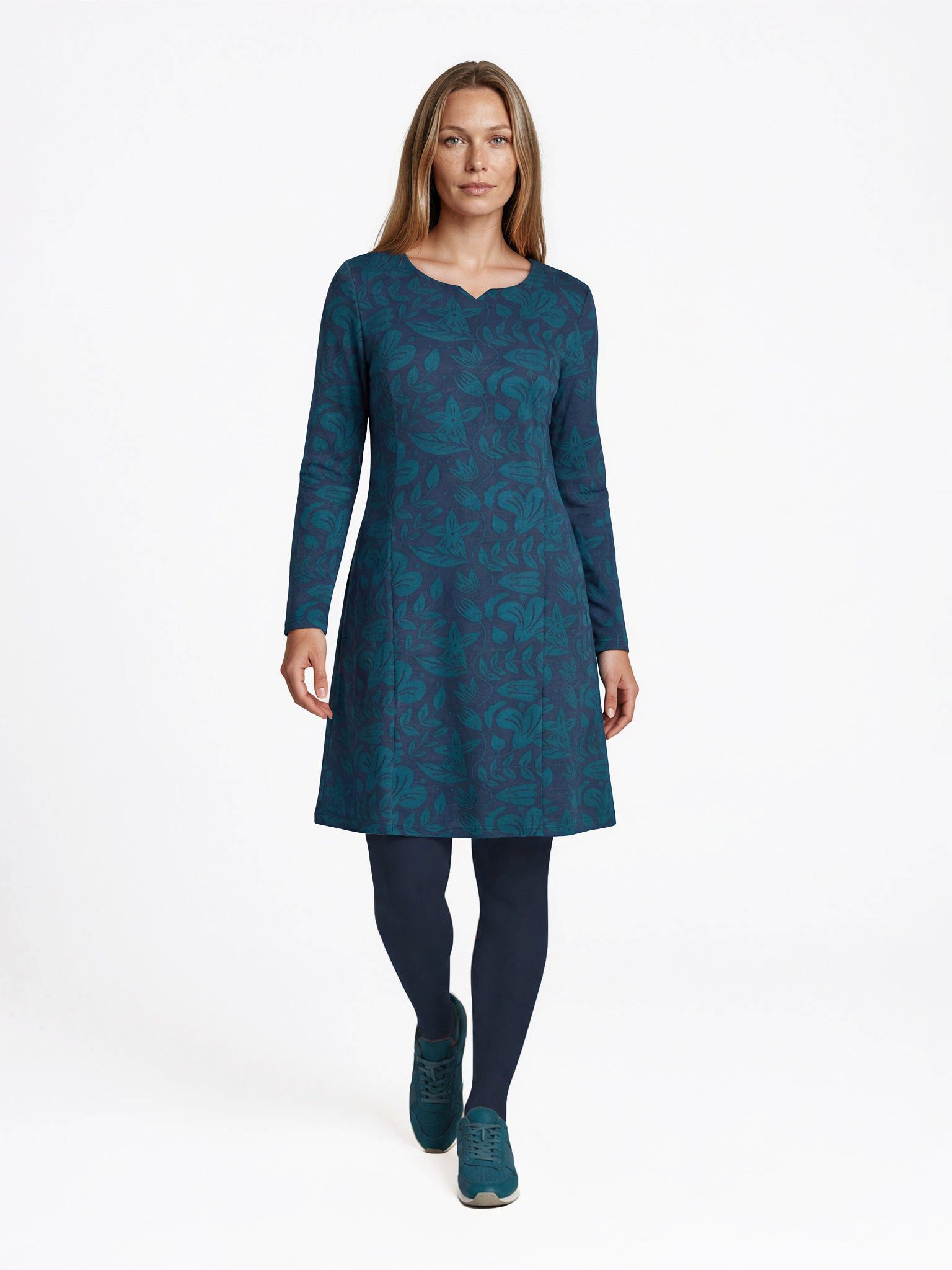 Himalaya Clothing Midikleid Damen figurumspielend Langarm casual Kleid aus Bio-Baumwolle floral GOTS-zertifiziert mit leichtem Stretch und Rundhalsausschnitt