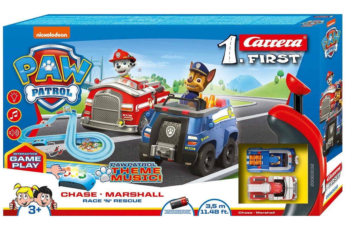 Carrera® Autorennbahn FIRST Rennbahn PAW PATROL Race 'N' Rescue Komplettset ab 3 Jahren (Streckenlänge 3.5 m), inkl. 2 Spielzeugautos