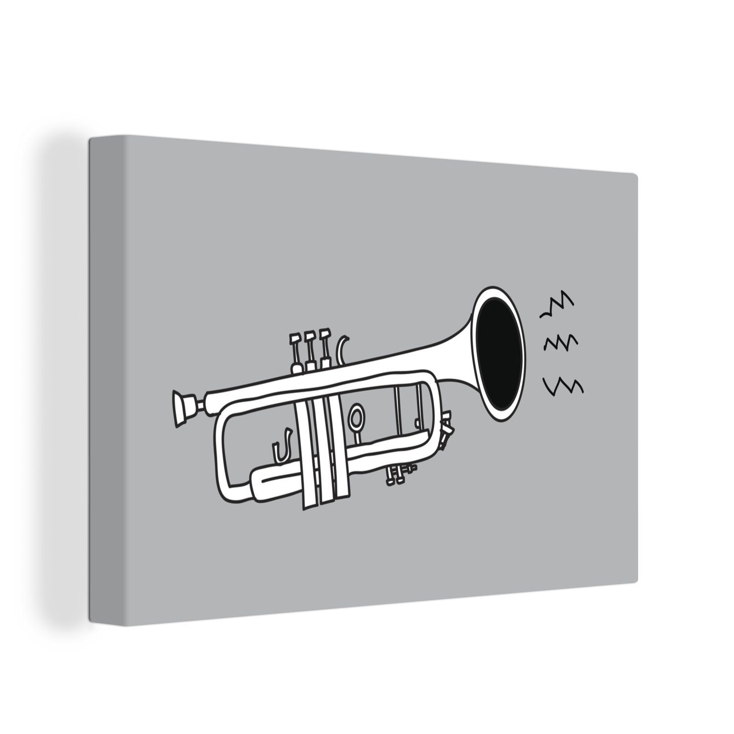 OneMillionCanvasses® Wandbild Schwarz-weiße cm einer grauem 30x20 Hintergrund, Trompete Leinwandbild St), Aufhängefertig, (1 auf Illustration Leinwandbilder, Wanddeko,