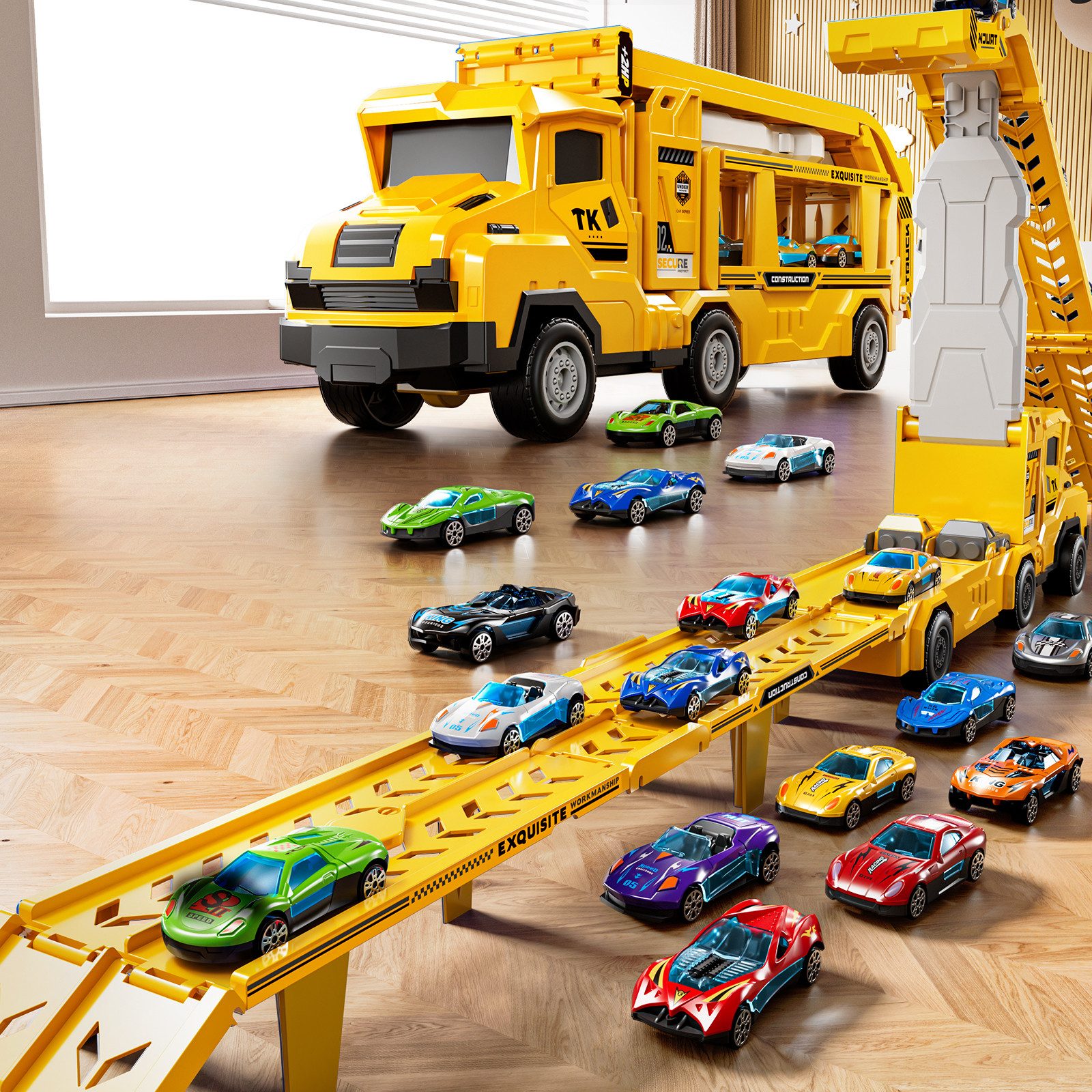 TEMI Spielzeug-Auto Transform Rennbahn LKW Spielzeug Set mit 12 Druckguss Autos – Bild 4 von 5
