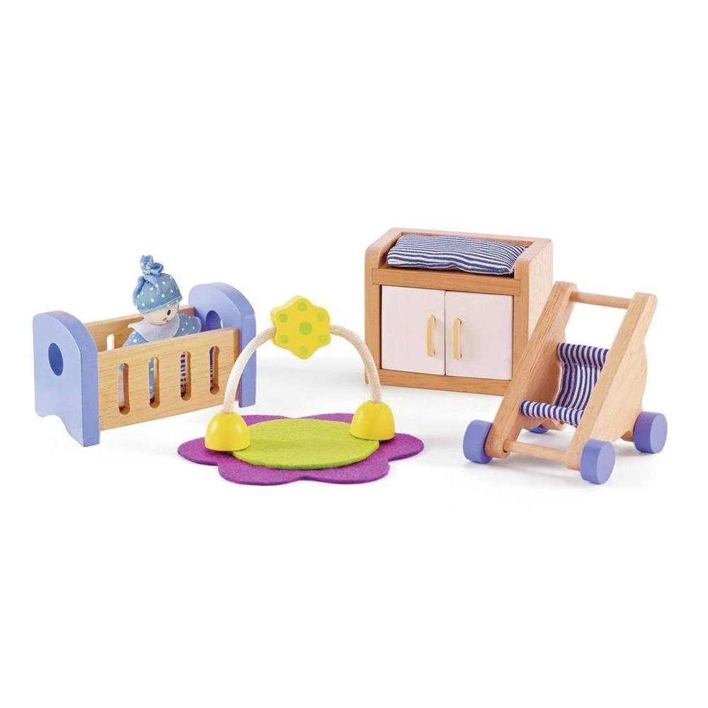 Hape Puppenhausmöbel Spielset Babyzimmer (8tlg., 8-er Set), Kinderbett Spieldecke Buggy Wickelkommode Zubehör Puppenhaus
