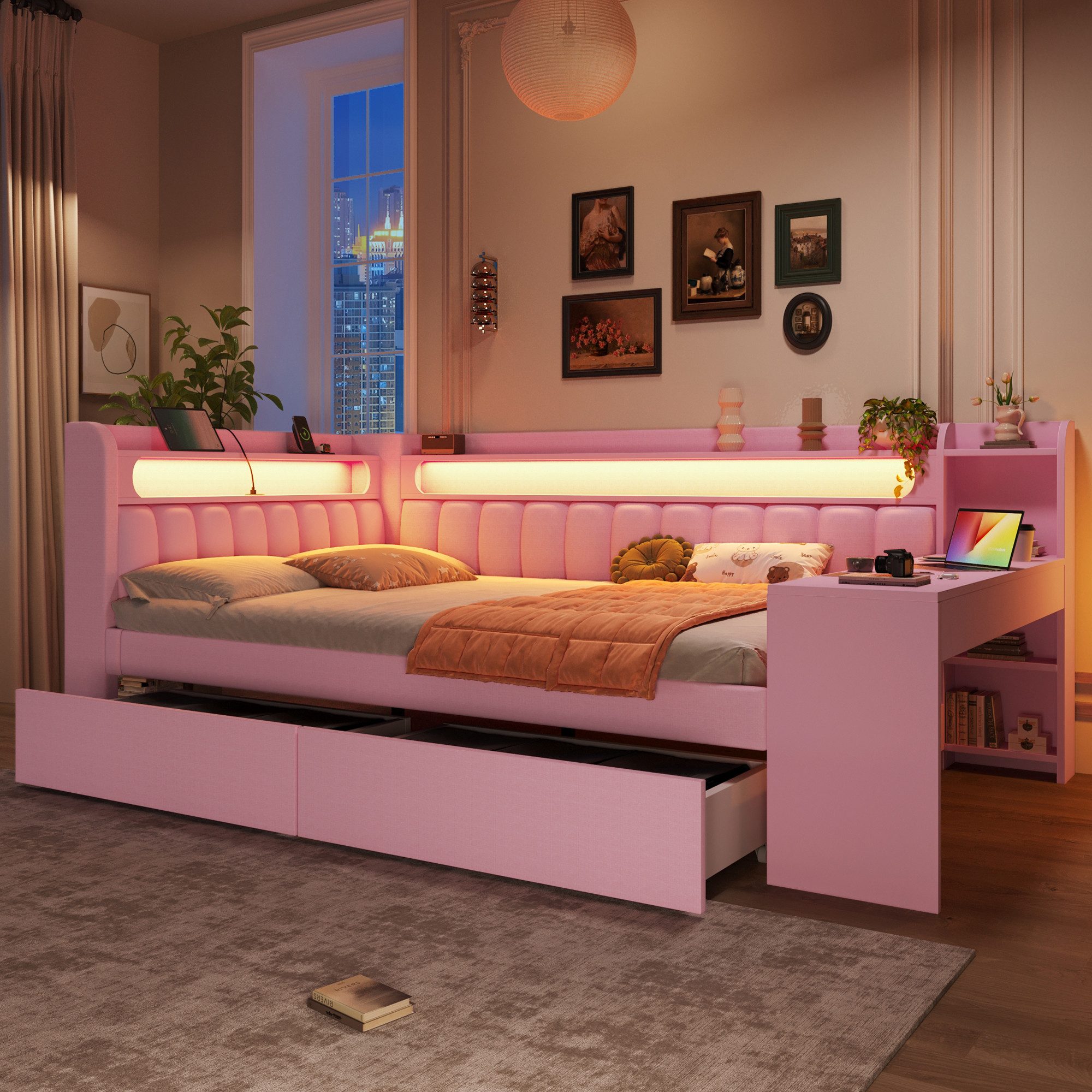 Merax Daybett 140x200cm mit LED-Beleuchtung und USB-Anschlüssen (Schlafsofa Sofabett Jugendbett Einzelbett aus Leinen, 1 tlg), Polsterbett Tagesbett mit 2 Schubladen und integriertem Schreibtisch