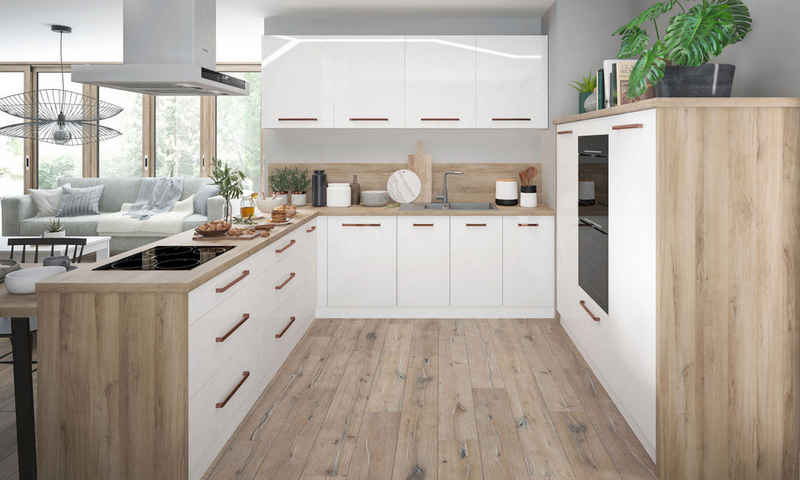 Feldmann-Wohnen Winkelküche Essen, 289x250cm weiß / weiß Hochglanz, U-Form mit 188cm Küchenblock