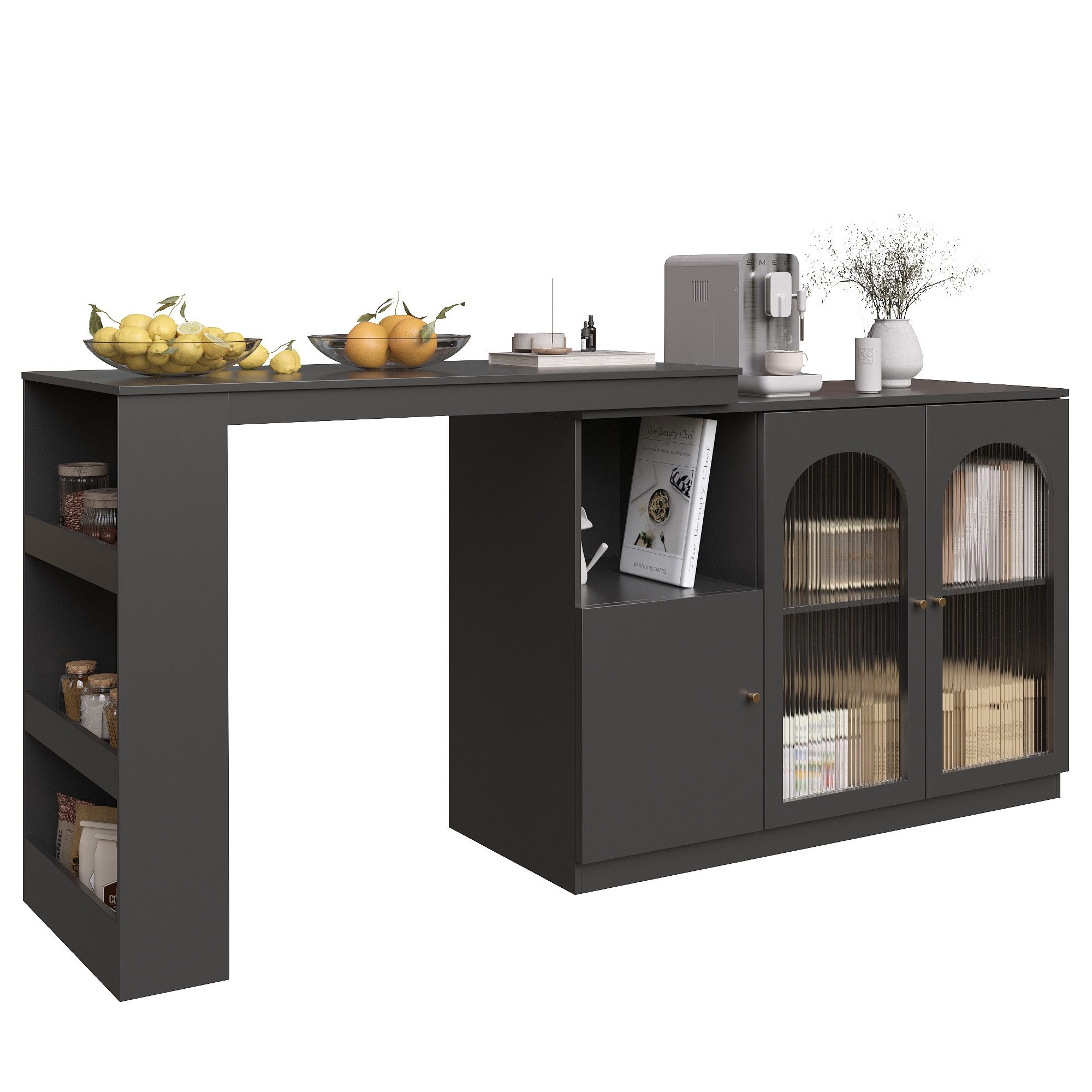 Tongtong Bartisch Um 360° drehbare Essbartisch mit Glastür, schwarz/weiß (1*Hauptkörper, 1*Beweglicher Teil, 1*Anschlussplatte), Hauptkörper 120 x 40 x 97 cm