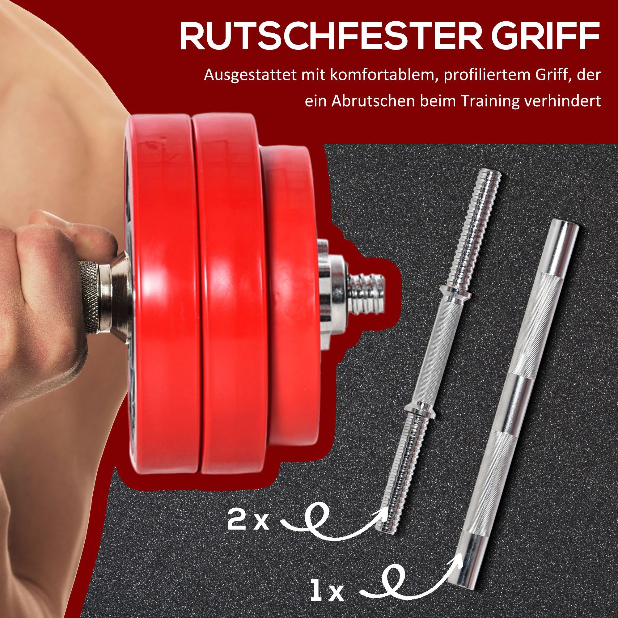 HOMCOM Hantel-Set 30KGS 2-IN-1 Hanteln&Langhanteln, (Krafttrainingsset, Gewichthebensset), Stahl Eisen Sand Rot+Schwarz