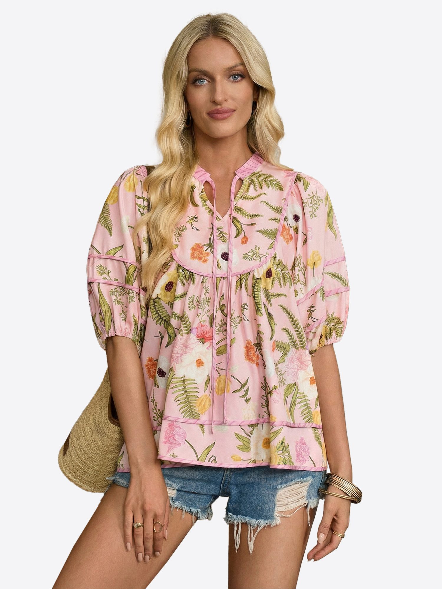 Imily Bela Kurzarmbluse Damen Babydoll Tops mit Blumenmuster (Packung, 1-tlg., 1per-Pack) mit V-Ausschnitt