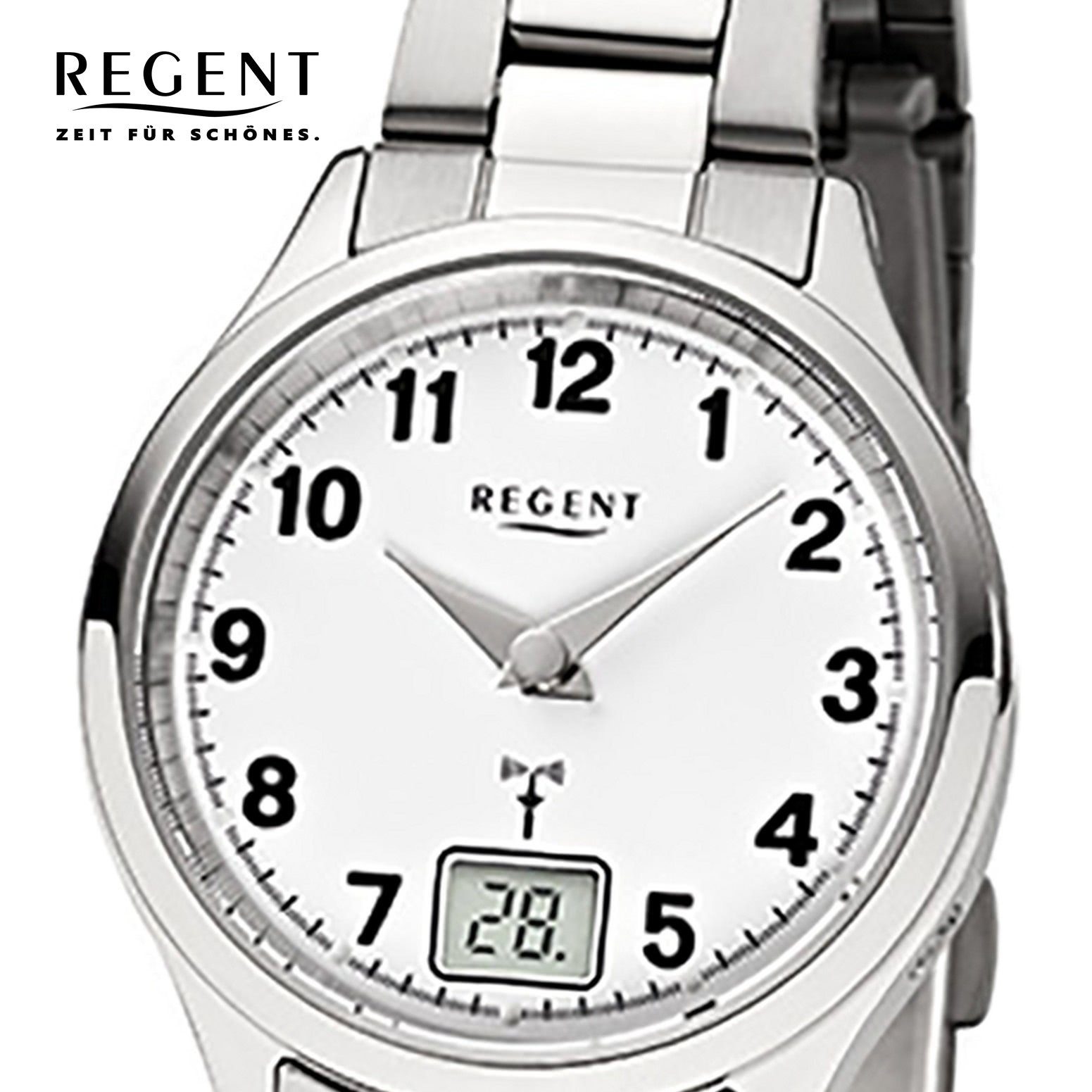 Regent Funkuhr Regent Damen-Armbanduhr silber, (Funkuhr), Damen Funkuhr rund, klein (ca. 29mm), Edelstahlarmband