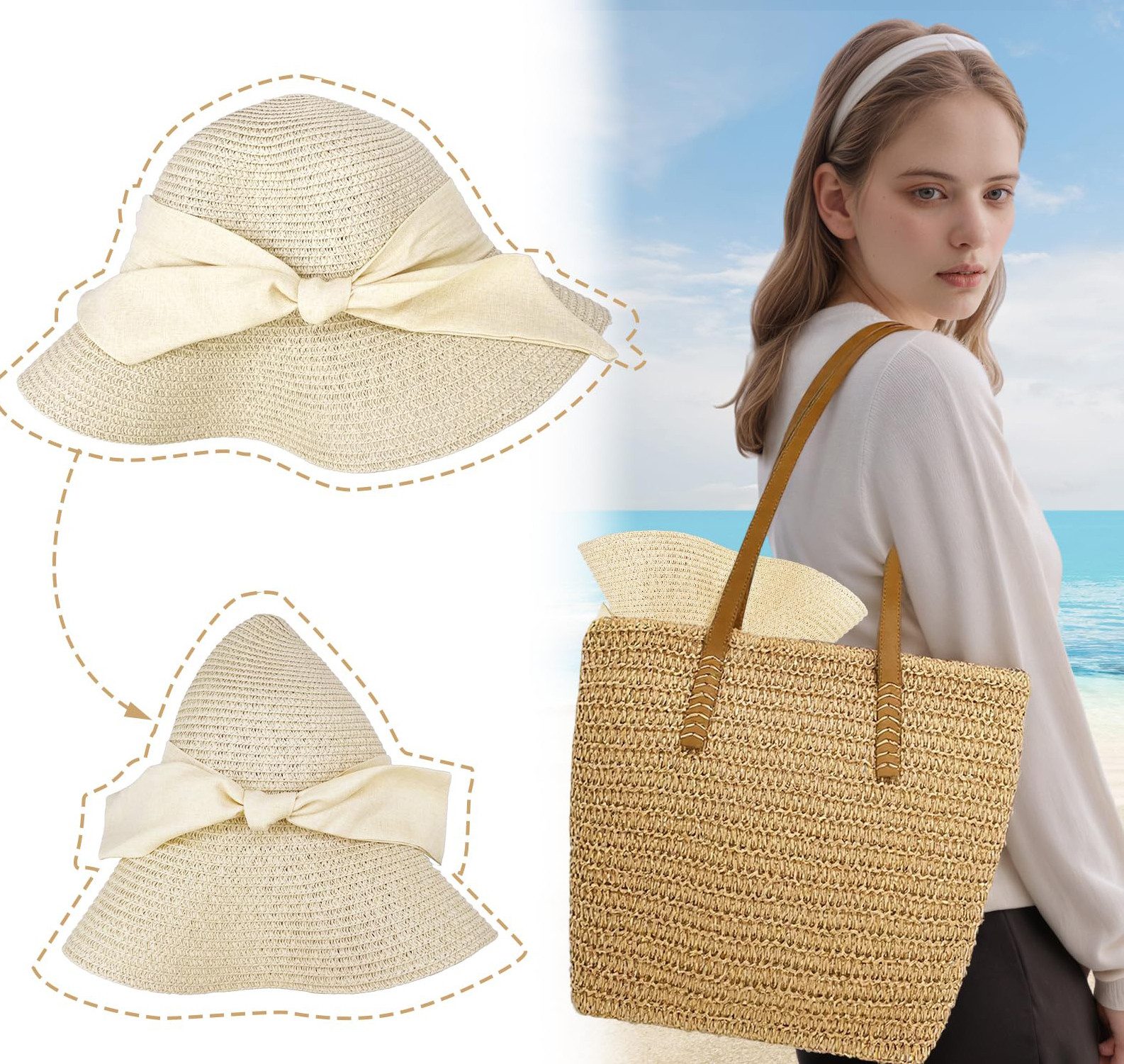 nsihing Strohhut Damen Sonnenhut mit Sonnenschutz, Sommer-Strandhut, Hut mit Schleife, ideal für Strandurlaub und Reisen – Bild 4 von 5
