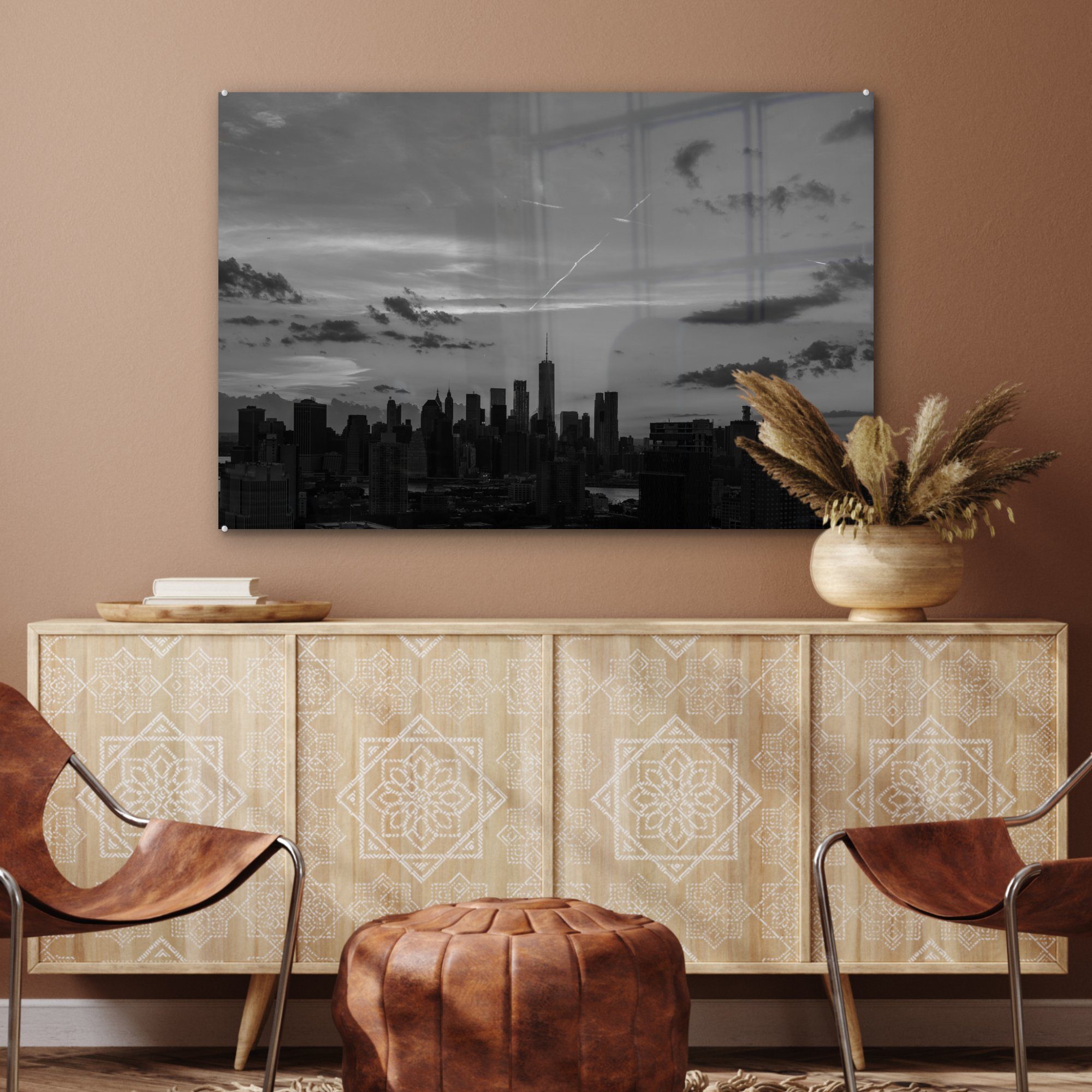 Schwarz Stadt & (1 Acrylglasbild Weiß, Wohnzimmer St), - Manhattan - MuchoWow Acrylglasbilder - Schlafzimmer