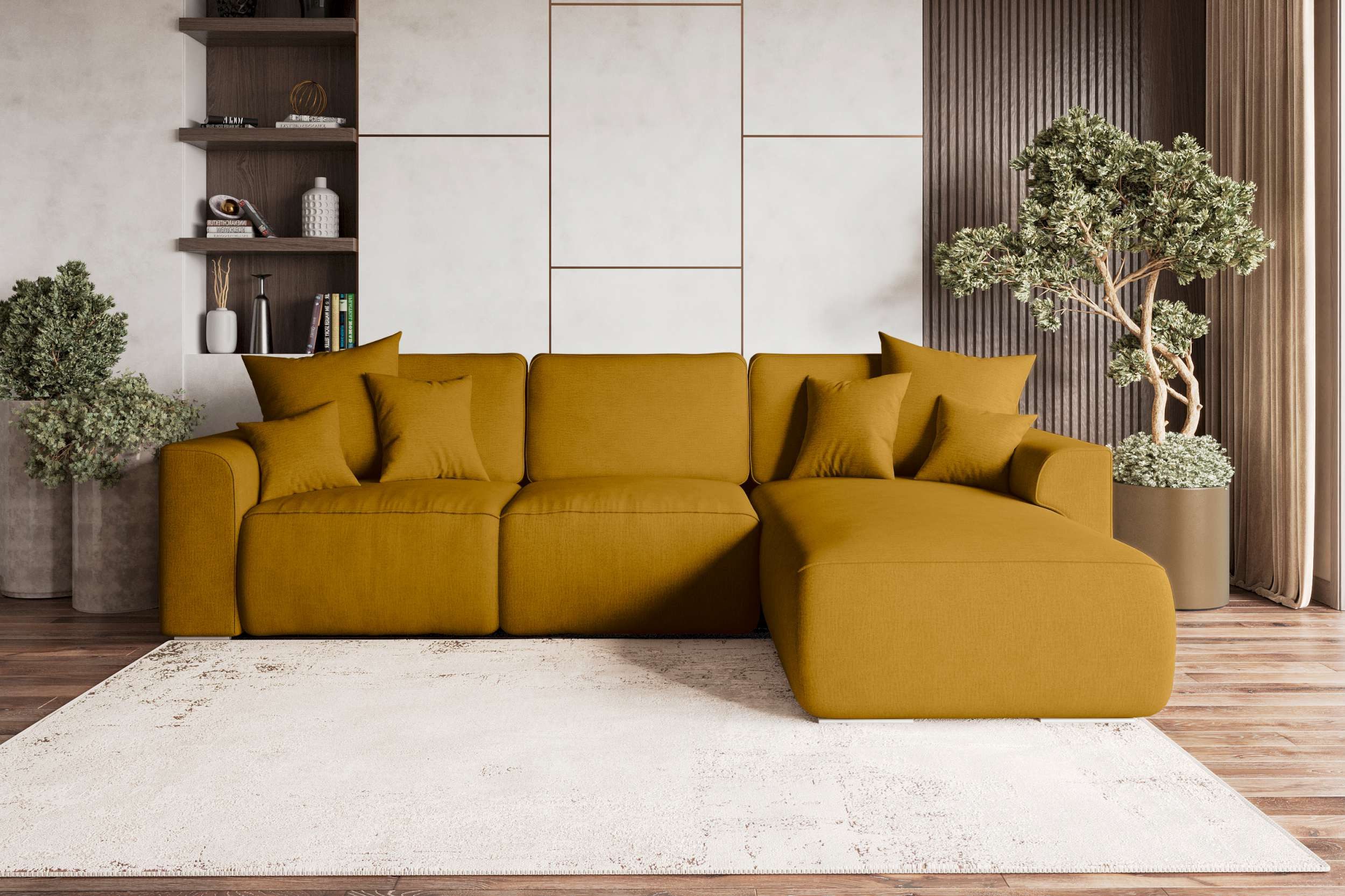 99rooms Ecksofa Gusto, L-Form, Eckcouch, mit abnehmbaren Kissen, Rundumbezug aus gepolstertem Velours MONOLITH