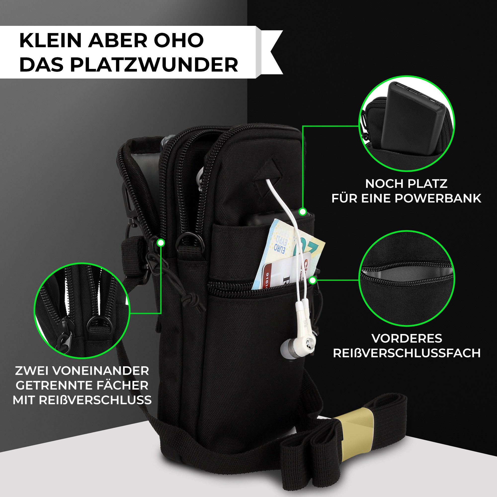 XiRRiX Umhängetasche Tasche zum Umhängen für Damen / Herren - universal Handytasche klein (1-tlg., mit verstellbarem Schulterriemen), wasserabweisendes Material, RFID Kartenfach im Inneren