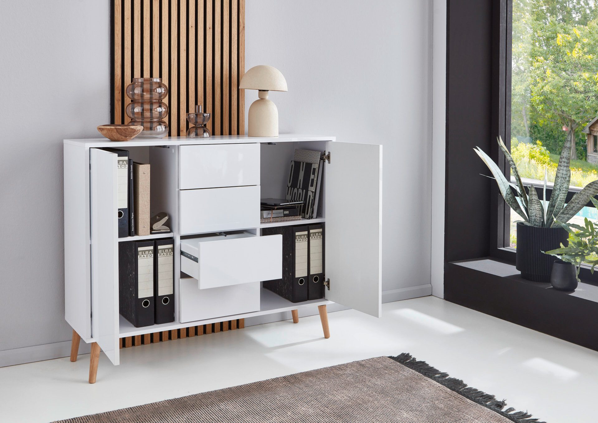 BMG Möbel Kommode Sideboard Mailand Set 11 in verschiedenen Ausführungen (3tlg), mit weiß lackierten Hochglanzfronten und Push-to-open-Funktion