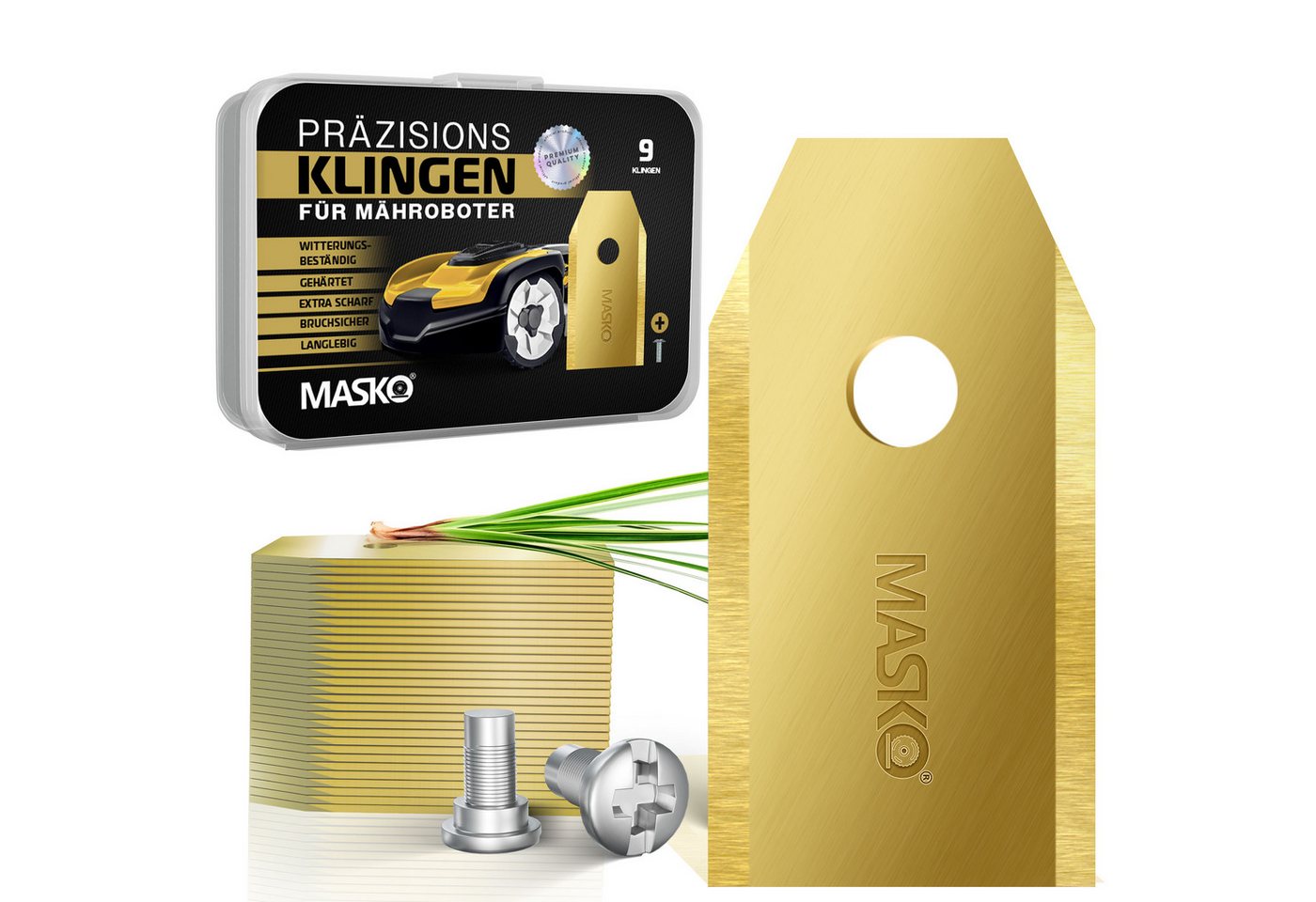 MASKO Mährobotermesser (9-St), Ersatzmesser Klingen für Mähroboter langlebig Titan-Beschichtung goldfarben MASKO Mährobotermesser (9-St), Ersatzmesser Klingen für Mähroboter langlebig Titan-Beschichtung goldfarben