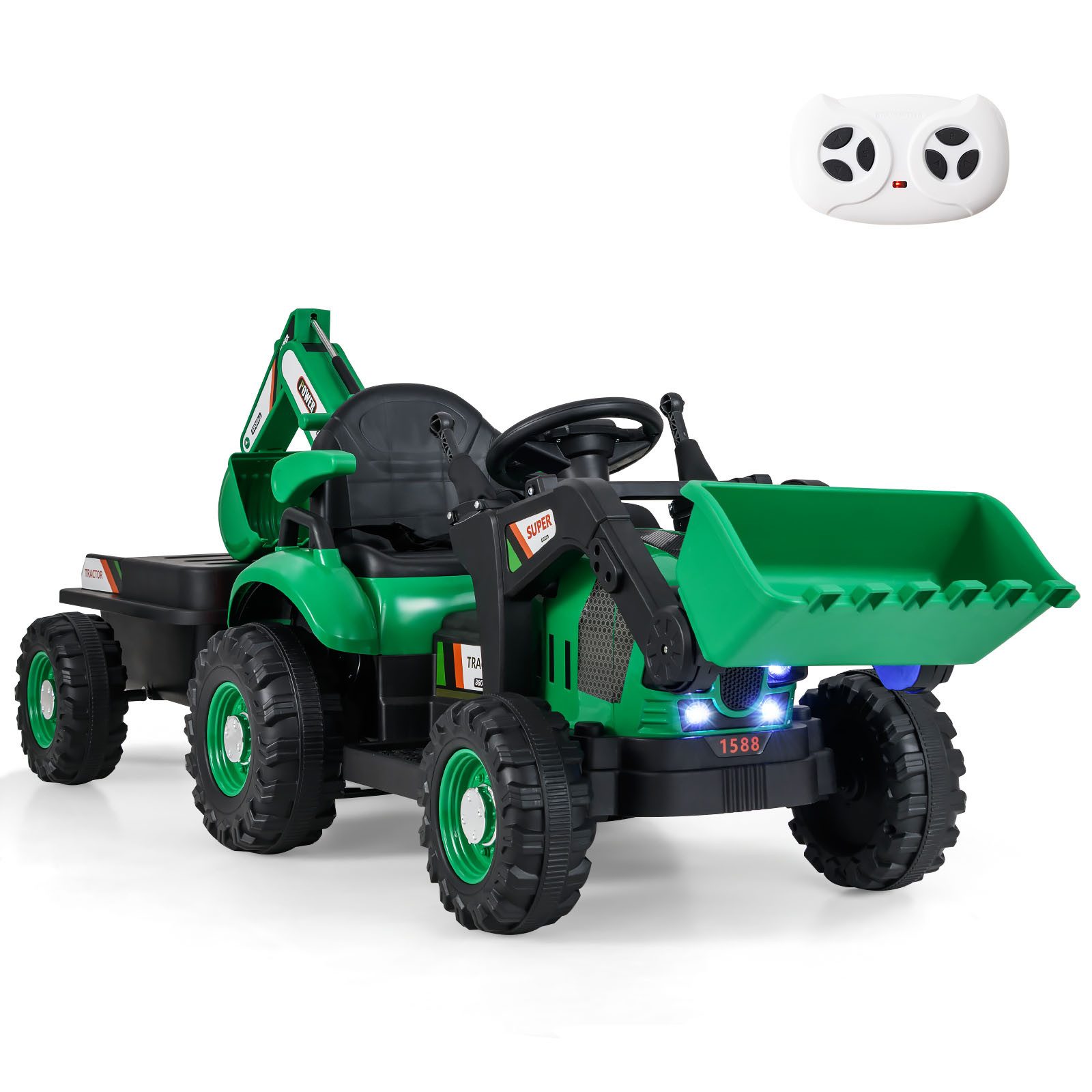 COSTWAY Elektro-Kinderauto, Belastbarkeit 30 kg, 12V Traktor, Aufsitztraktor, Sitzbagger, mit LED & Musik