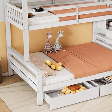 REDOM Etagenbett Kinderbett, mit Leiter, mit Schubladen und einem Regal (mit Fallschutzgitter, Kieferbettrahmen mit MDF-Stauraum-Leiterschrank, 90x200cm & 140x200cm), ohne Matratze