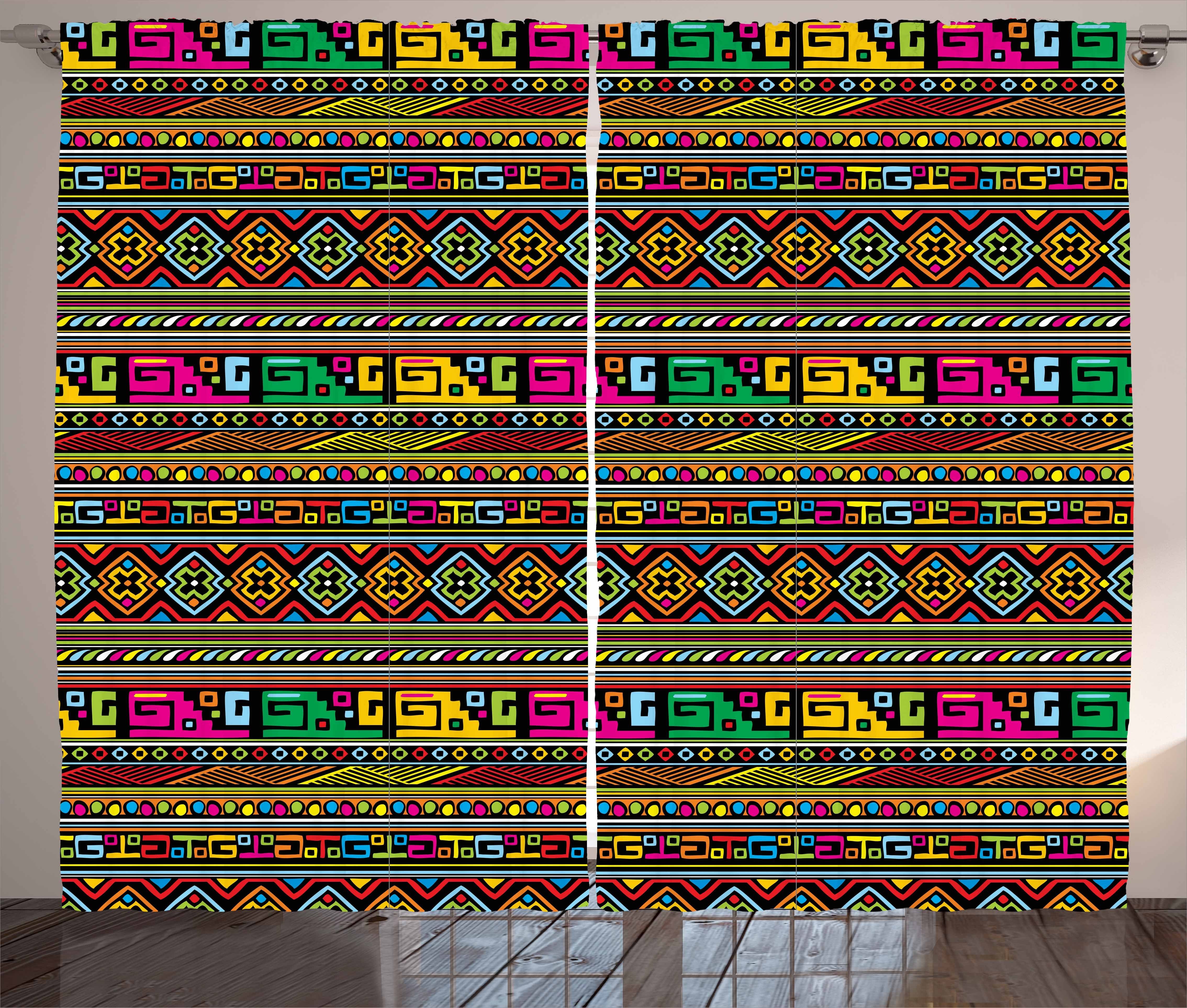 Gardine Schlafzimmer Kräuselband Vorhang mit Schlaufen und Haken, Abakuhaus, afrikanisch Bunte Indigene Kunst