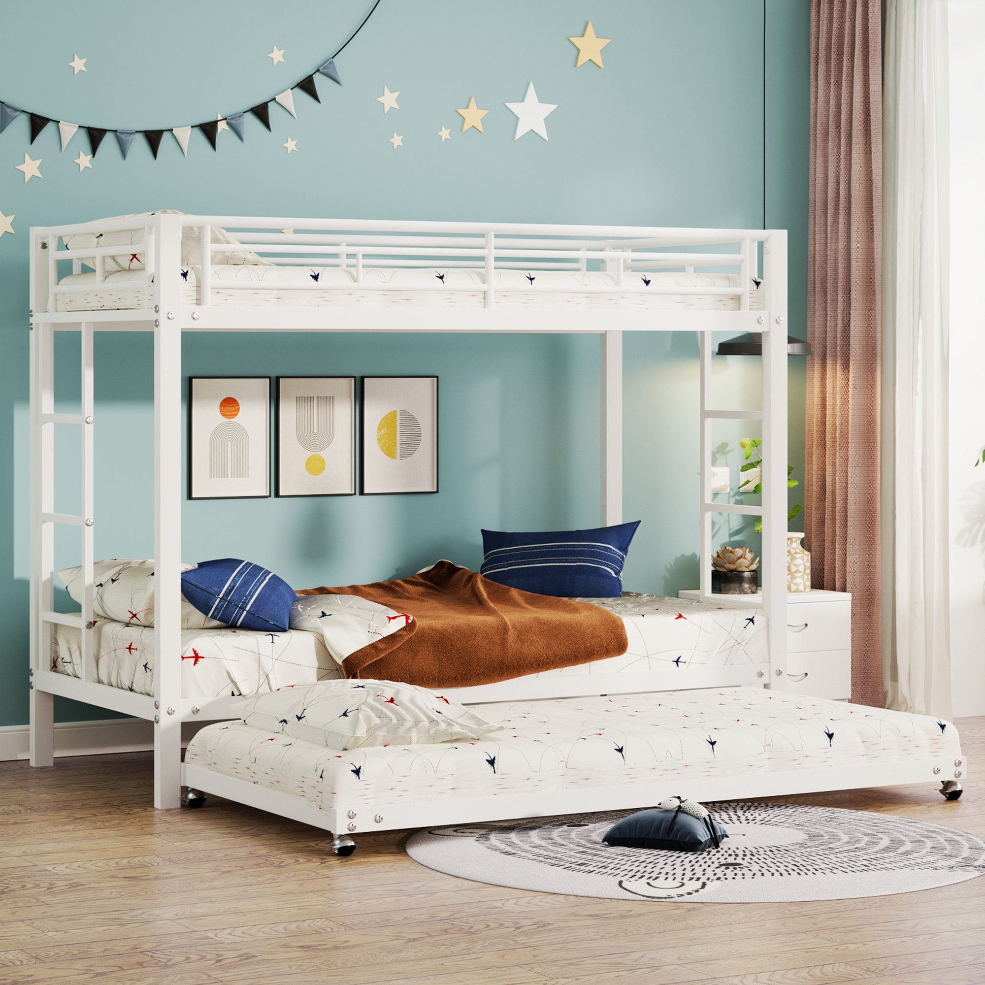 Odikalo Etagenbett 90x200 Kinderbett Jugendbett Metallbett mit hohe Geländer (ausgestattet mit Ausziehbett, EN747 zertifiziert, robuste Konstruktion)