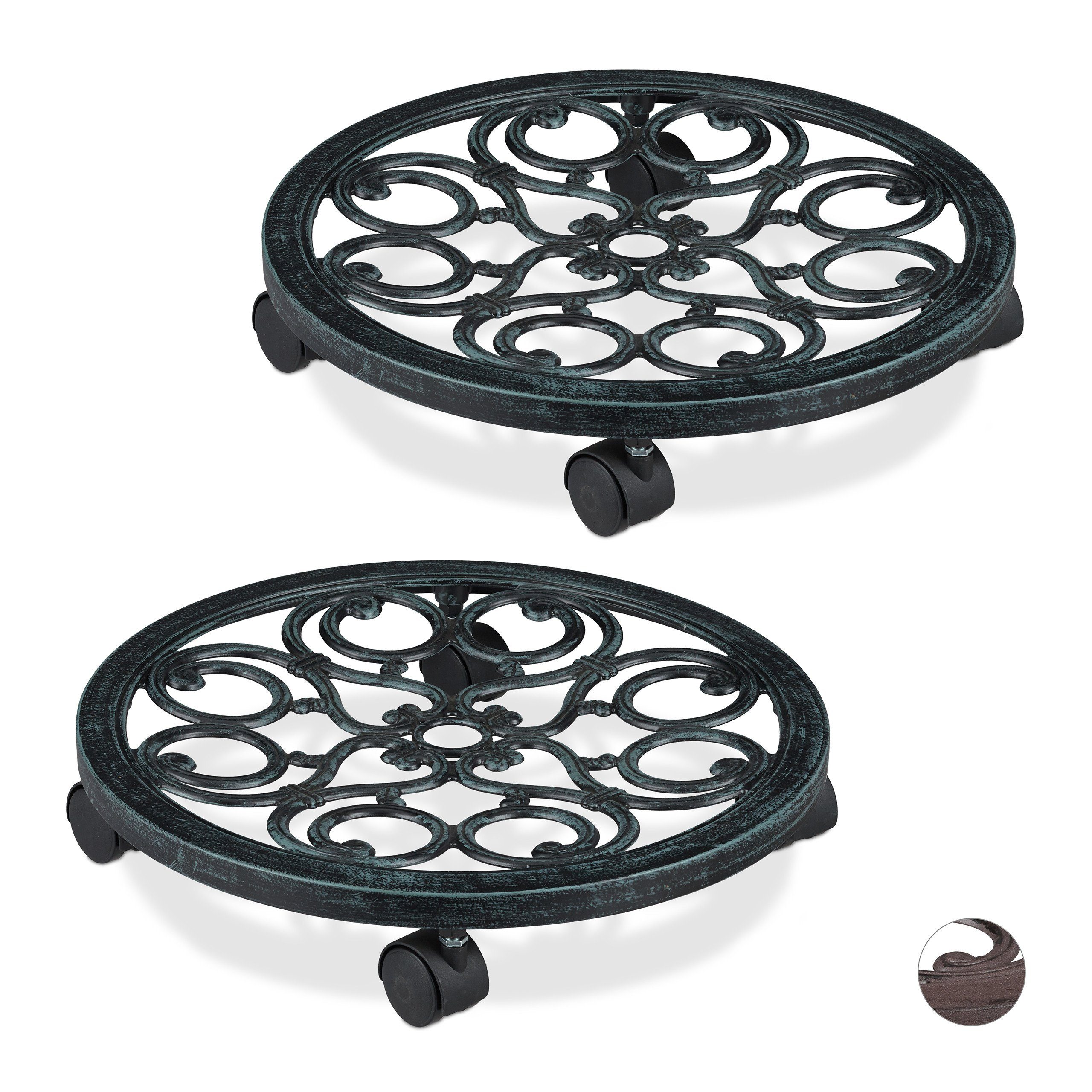 Blumentopfuntersetzer 2 x Pflanzenroller rund antik grün