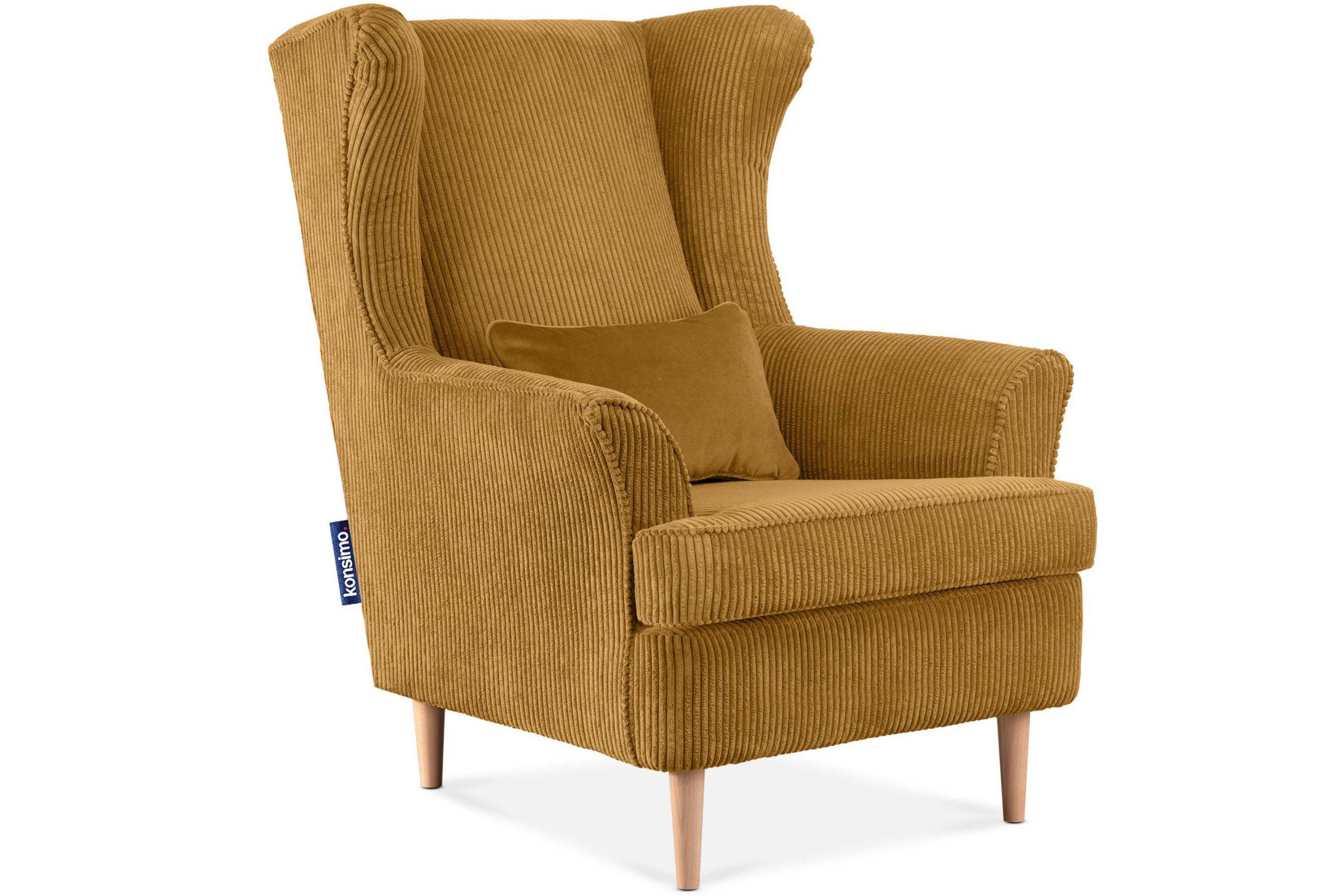 Konsimo Ohrensessel STRALIS Sessel, zeitloses Design, hohe Füße, inklusive dekorativem Kissen
