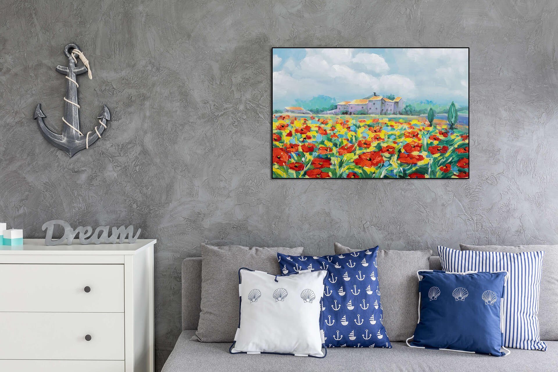 KUNSTLOFT cm, Leinwandbild HANDGEMALT Gemälde 100% Mohnblumenzeit Wandbild 93x63 Wohnzimmer