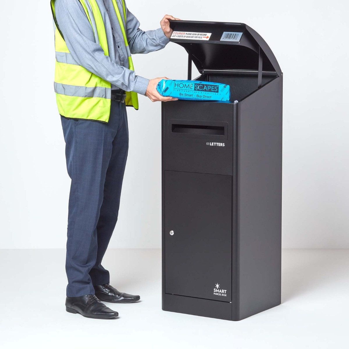 Smart Parcel Box Paketbriefkasten Extra großer Paketbriefkasten mit Schrägdach, Entnahme vorne, schwarz