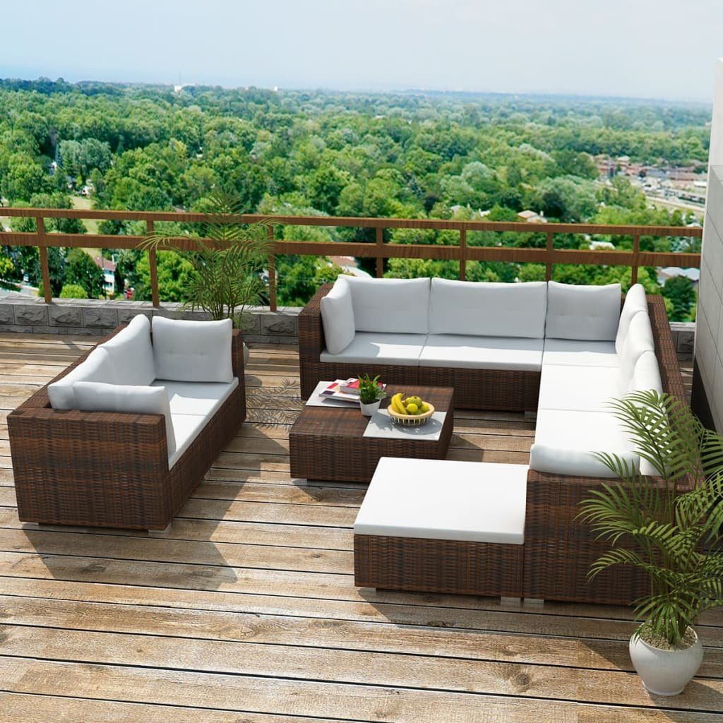 Rattan Gartenlounge-Set 10-tlg. Garten-Lounge-Set Poly Braun, vidaXL mit Auflagen (10-tlg)