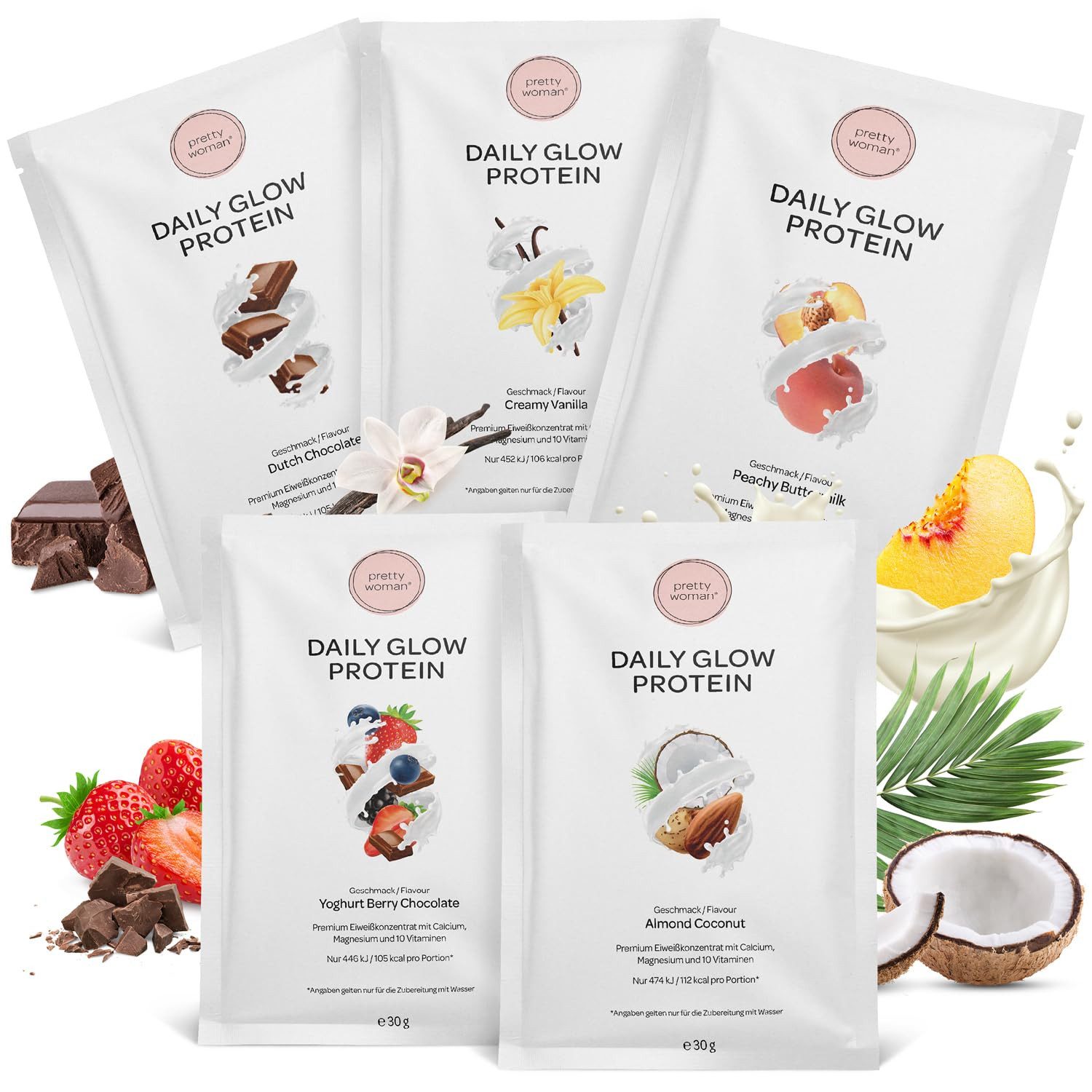 pretty woman Daily Glow Eiweiss Protein Pulver für Frauen Portionsbeutel, Set à 5 St., mit Vitaminen & Mineralien, Biotin & Folsäure