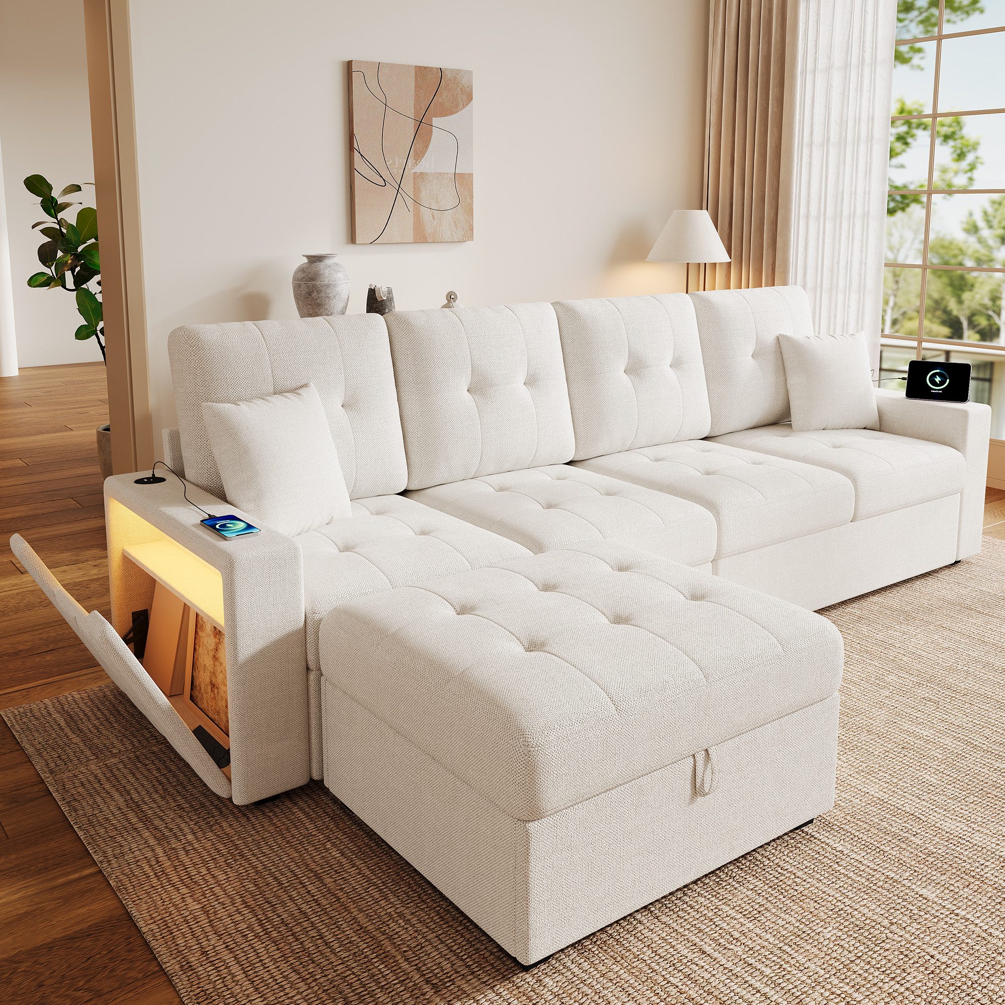 Merax Sofa mit flexiblem Hocker und großem Stauraum, L-Sofa aus Leinenbezug, 253 × 144,5 × 80,7 cm 1 Teile, 4-Sitzer-Sofa mit LED,USB & Type-C Ladeanschlüssen an beiden Armlehnen