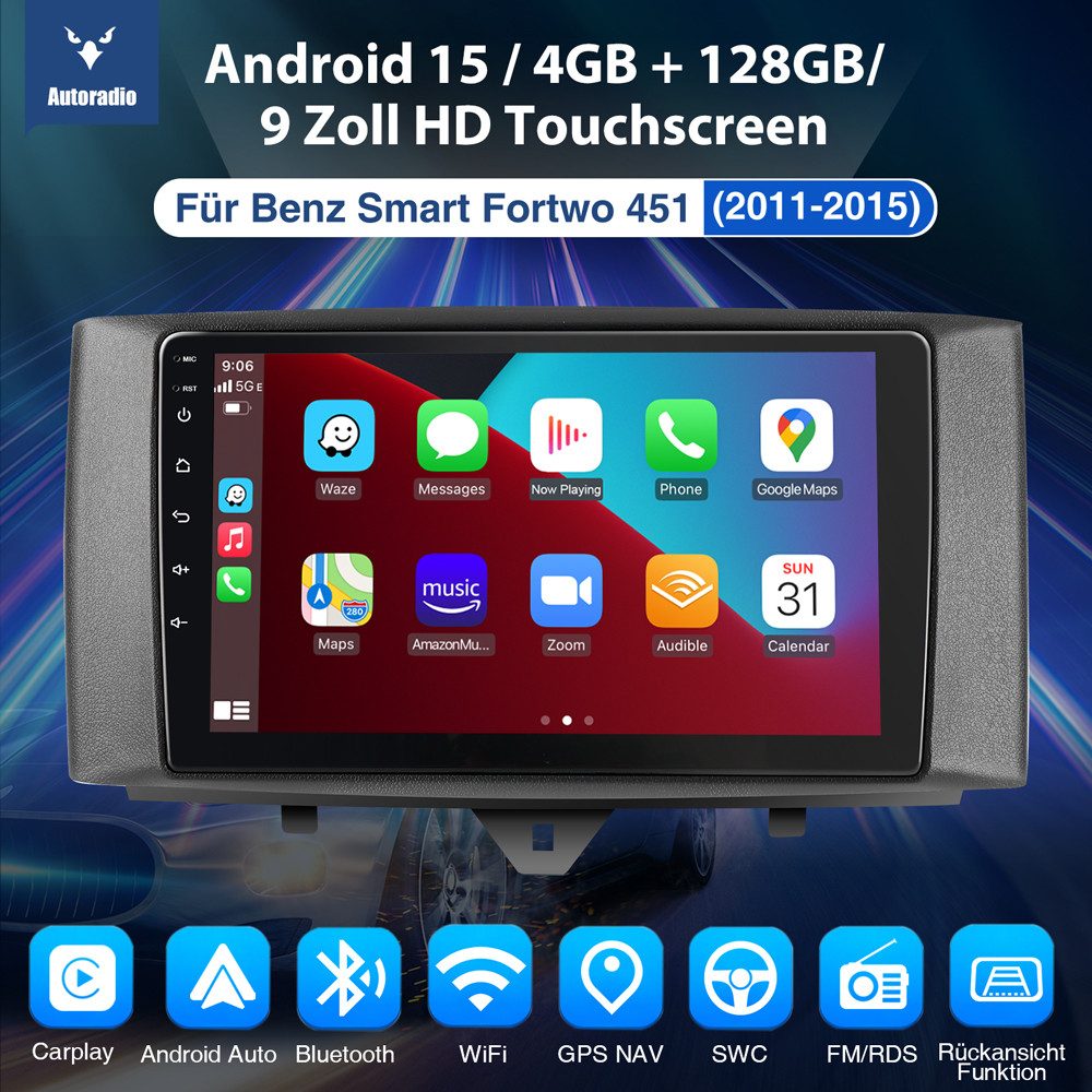 ESSGOO Für Smart Fortwo 451 2011-2015 Android 15 Navi carplay WiFi Navigationsgerät (Carplay Android Auto GPS Bluetooth FM AM RDS WIFI)