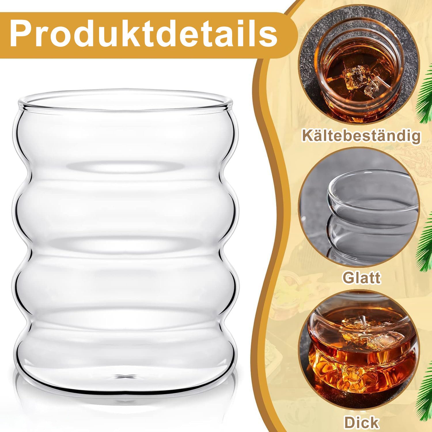 Refined Living Gläser-Set Trinkgläser gewellt 4er Set 350ml mit deckel, Glasstrohhalmen, Bürsten, Glas, gerippte trinkgläser bubble gläser, wave gläser, Cocktai – Bild 4 von 5