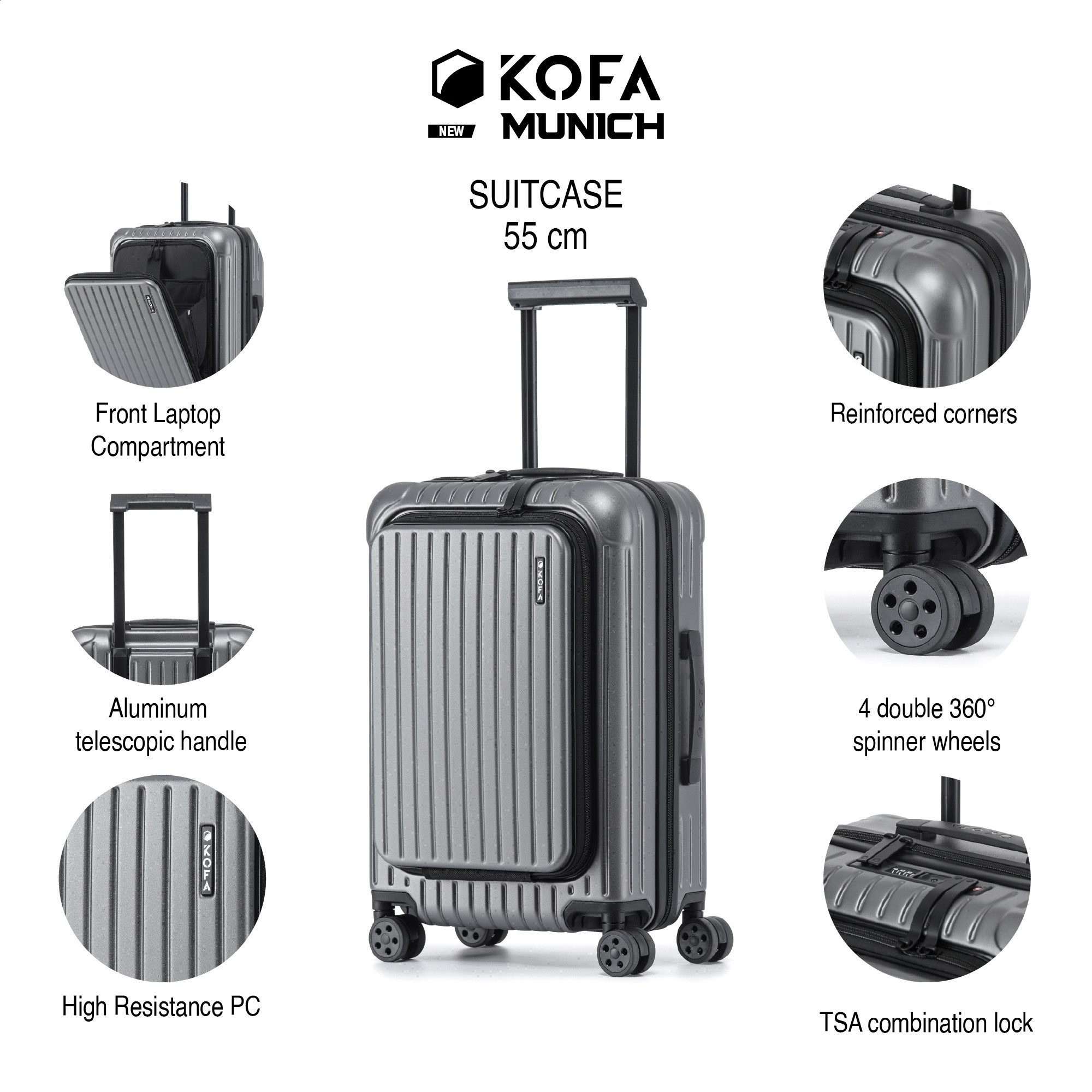 KOFA Handgepäckkoffer MUNICH, 55cm Laptopfach 100% Polycarbonat-Hartschale, 4 Rollen, TSA Schloss