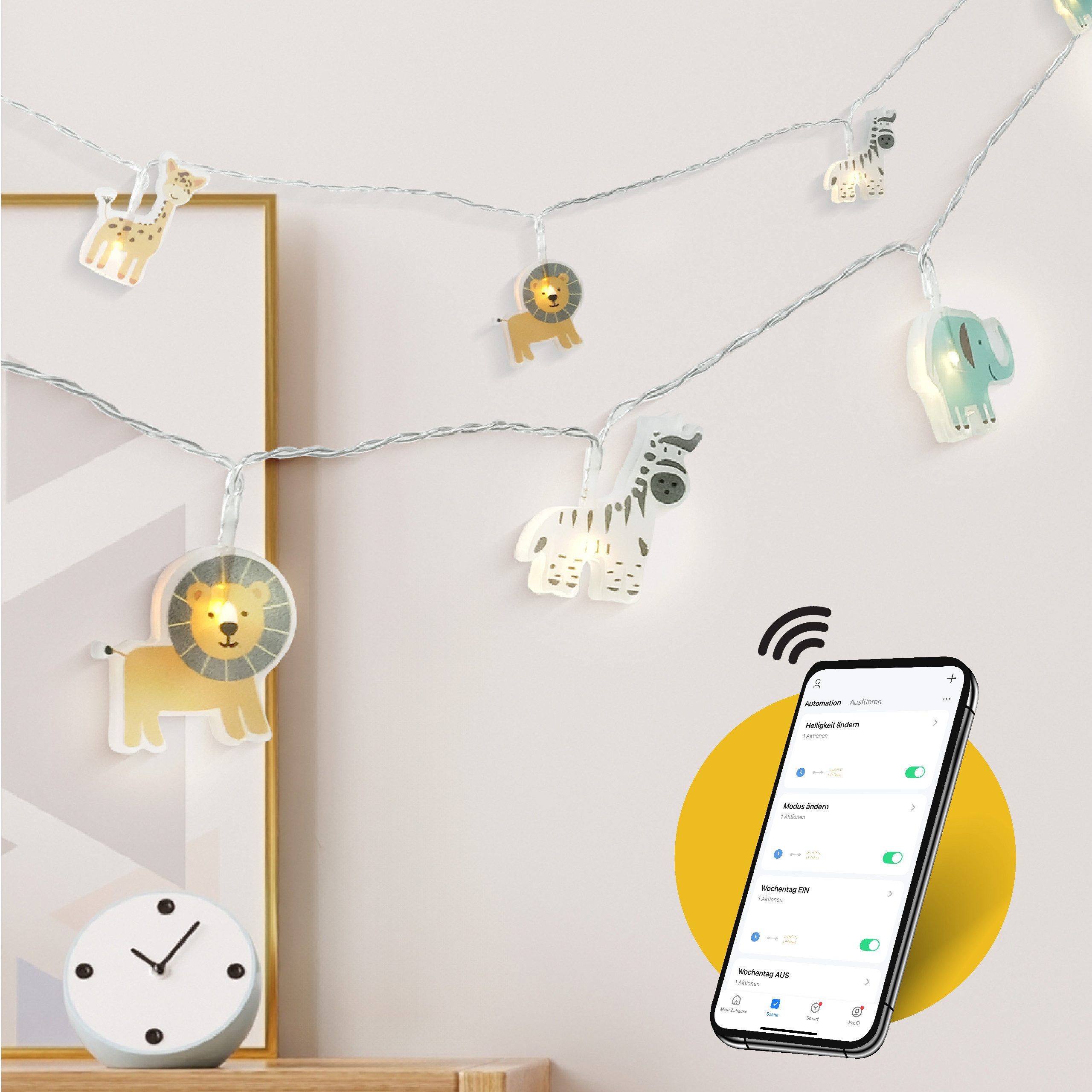 COZY HOME Lichterkette Safari für Kinder, mit APP steuerbar, Batterie & Stecker, 20 warmweiße Tiere, 8 Modi, Dimmbarkeit & Musikmodus