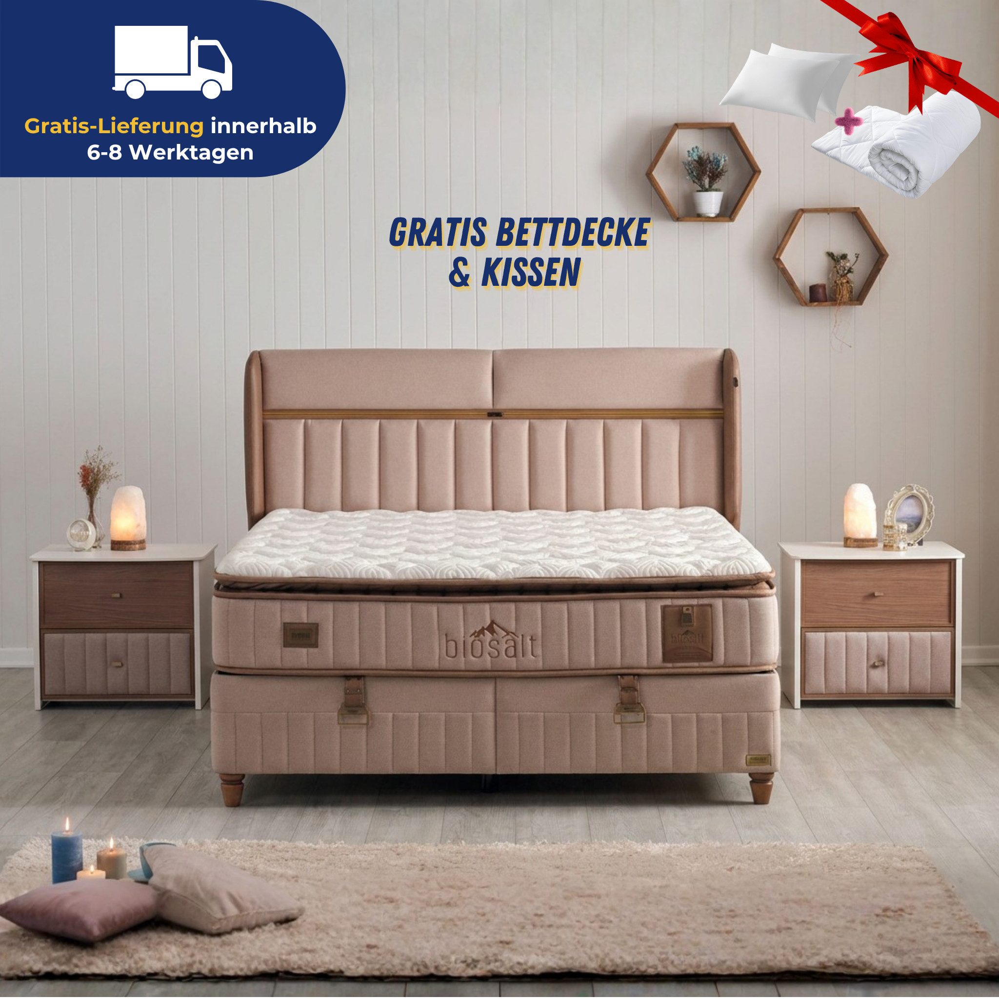 Bambi Boxspringbett Stauraumbett inkl. Matratze Boxspringbett 180x200 - 90x200 Biosalt (2 Bettkästen + Kopfteil + Matratze), USB und LED