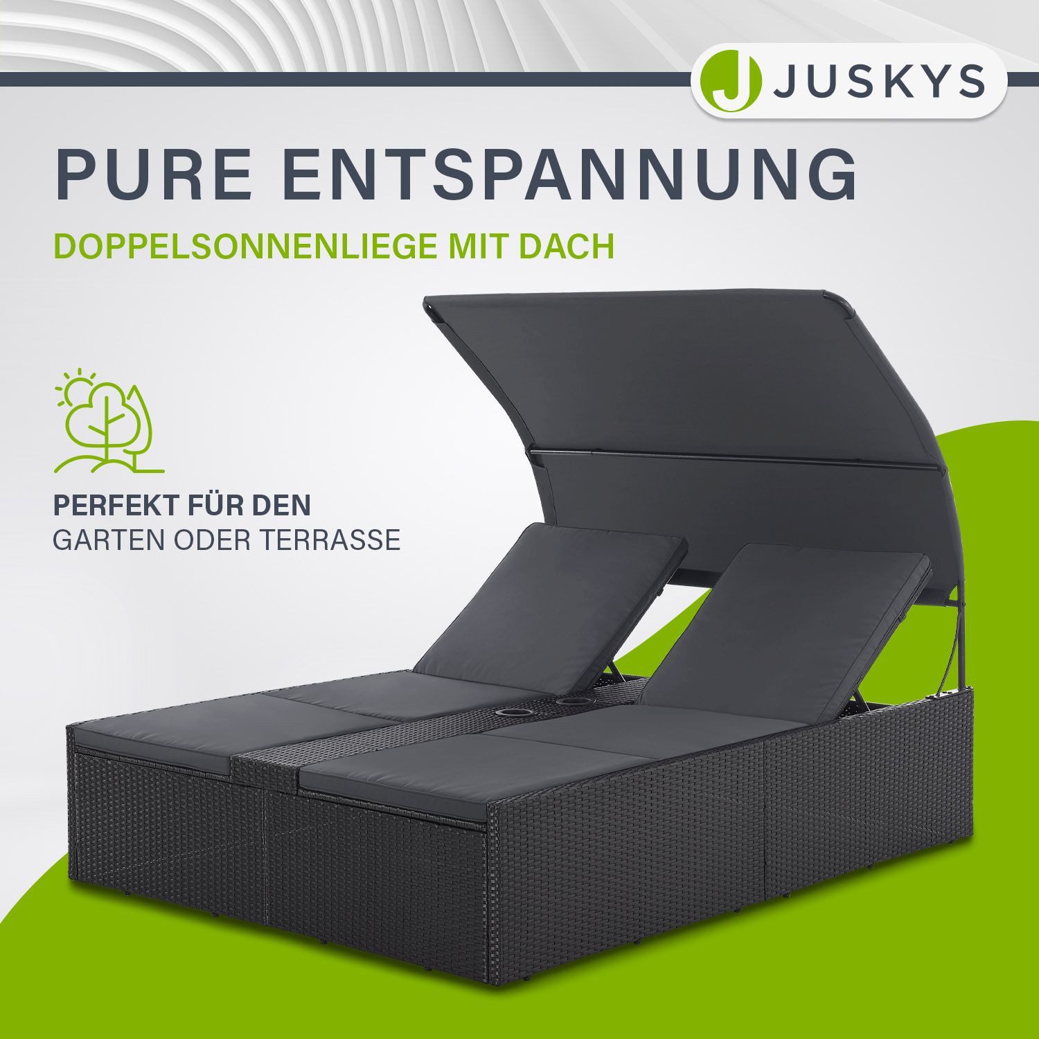 Juskys Doppelliege Syros, 2-Personen Polyrattan Sonnenliege mit Dach, Kopfteil verstellbar