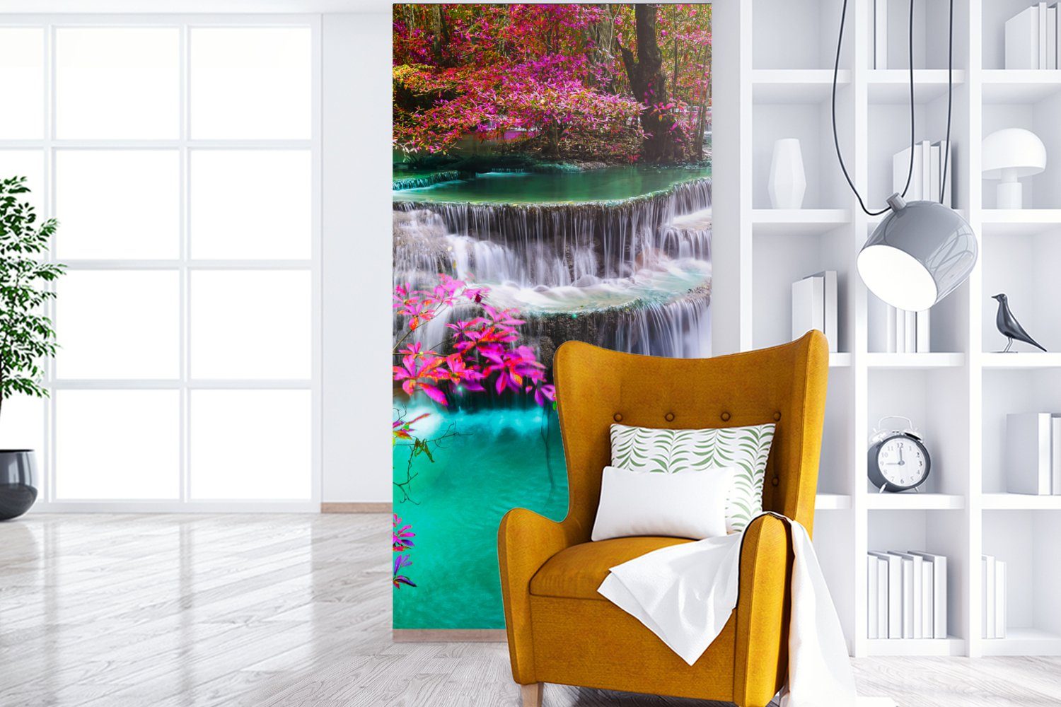 Vliestapete Fototapete Regenbogen Natur, St), MuchoWow Küche, Bäume Schlafzimmer bedruckt, Wohnzimmer - - Fototapete - - Wasserfall für Matt, (2 Sonne