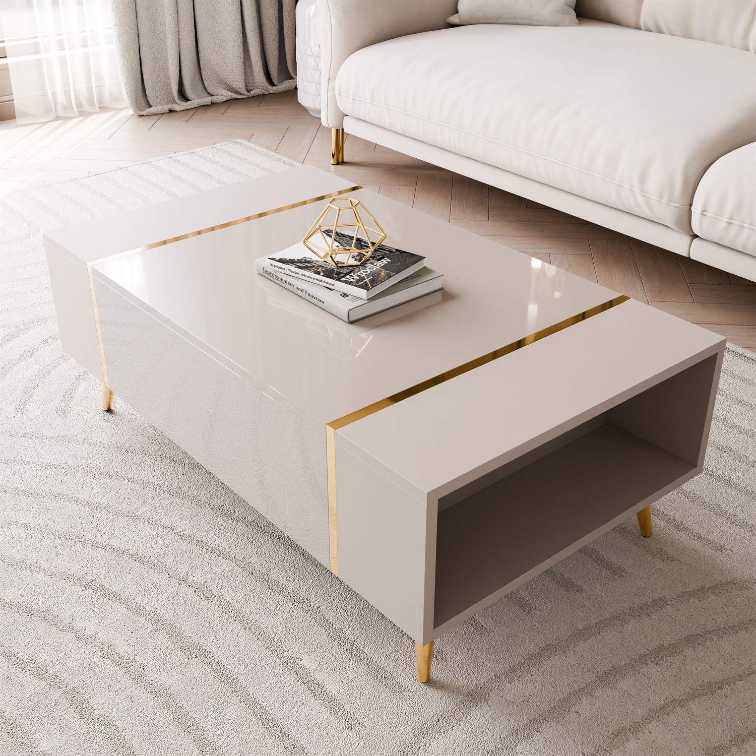 Lookway Couchtisch ONYX – Kaschmir Hochglanz mit goldenen Beinen (1x Tisch), 104x65x41,5 cm – Bild 5 von 5