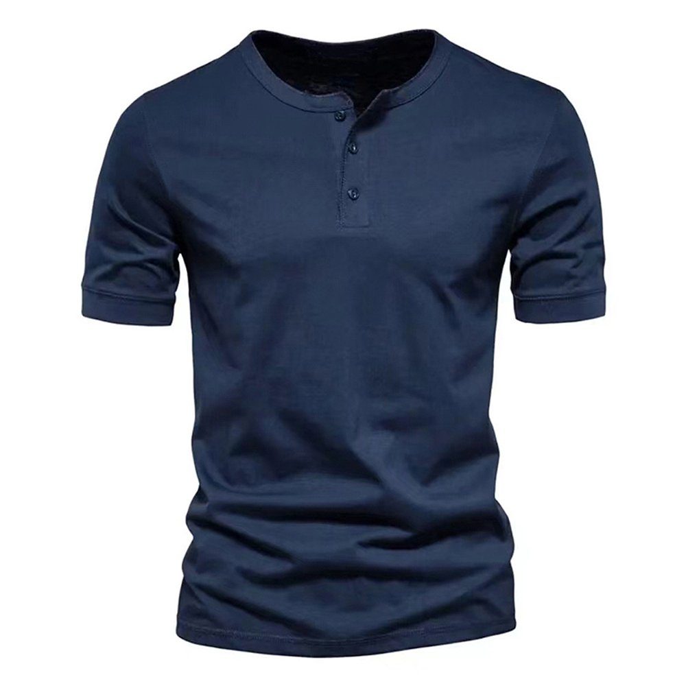Lapastyle Henleyshirt Herren Kurzarm T-Shirts Oberteile Basic Tops Rundhals Hemden Sommer Einfarbig Knopf Sportshirits Slim-Fit Shirt Marineblau | T-Shirts