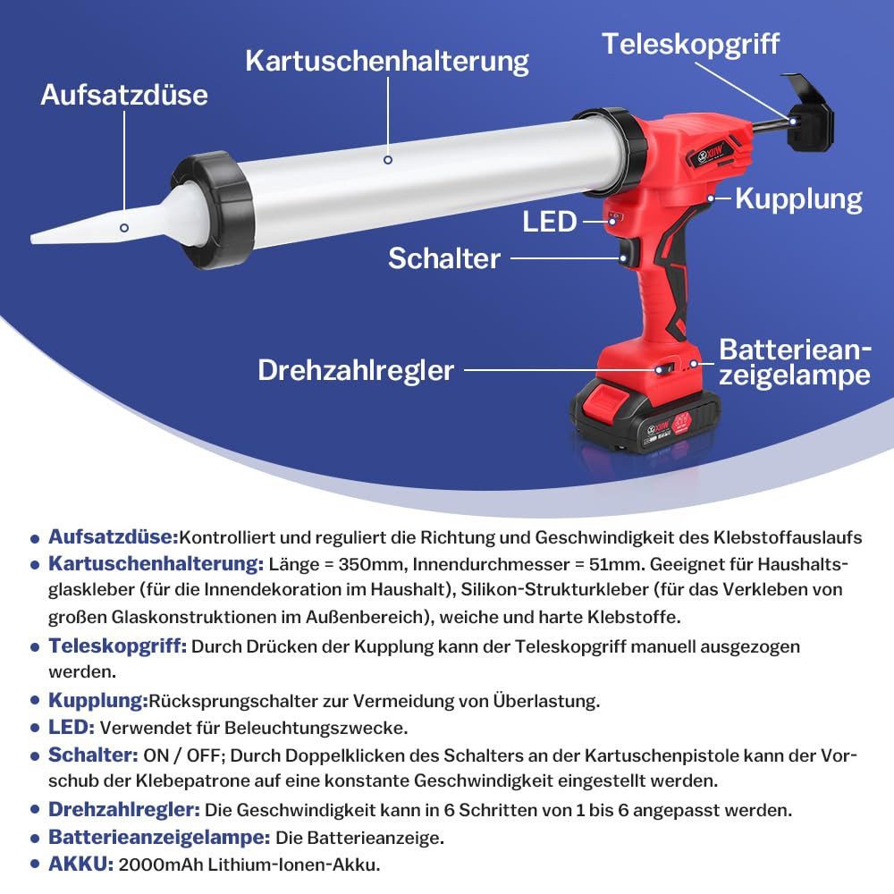 XERSEK Heißklebepistole Elektrische Kartuschenpresse Akku Silikonspritze mit 2 Akku (21V 2 Ah), (7840N Kartuschenpistole mit LED, 16X Dichtungsdüse, 6X Ersatzbasis, 0-32 mm/s, 6-Geschwindigkeit, für 600ml Wurst, 310ml Patrone)